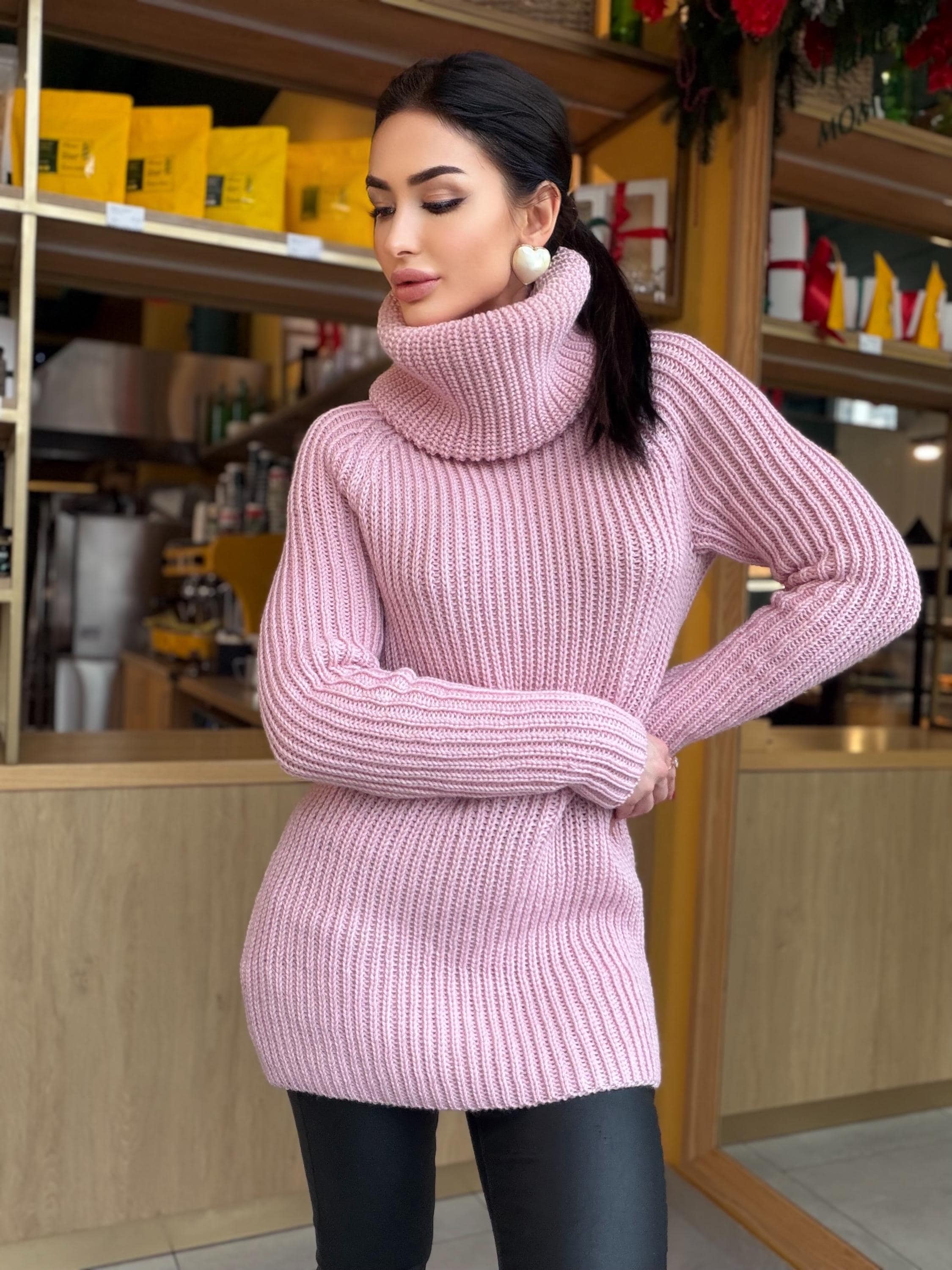 Merino wool hand knit pink Large Turtleneck - Sweater Big high collar unisex Cable Knit wool pullover Womens Chunky knit sweater dress