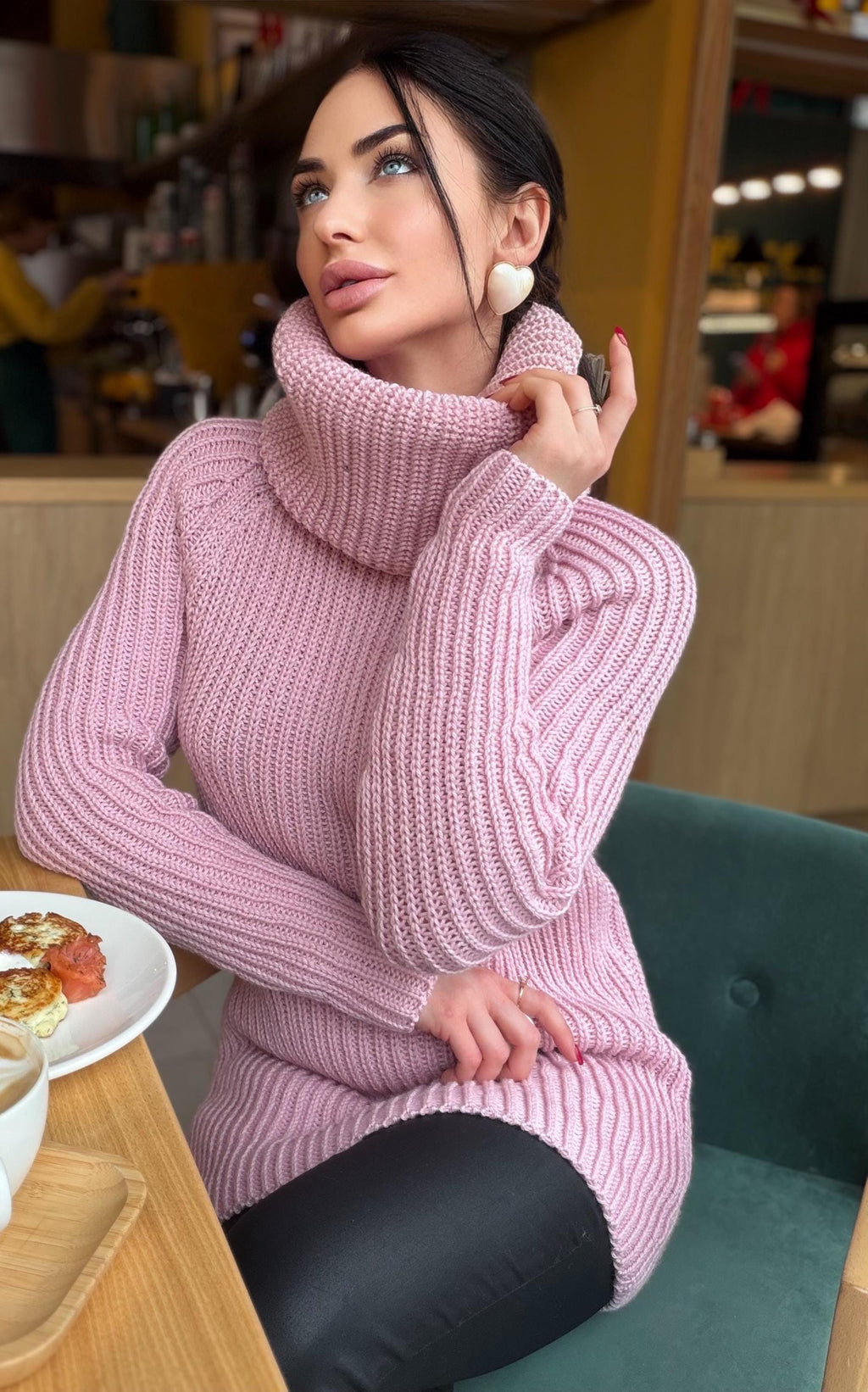 Merino wool hand knit pink Large Turtleneck - Sweater Big high collar unisex Cable Knit wool pullover Womens Chunky knit sweater dress