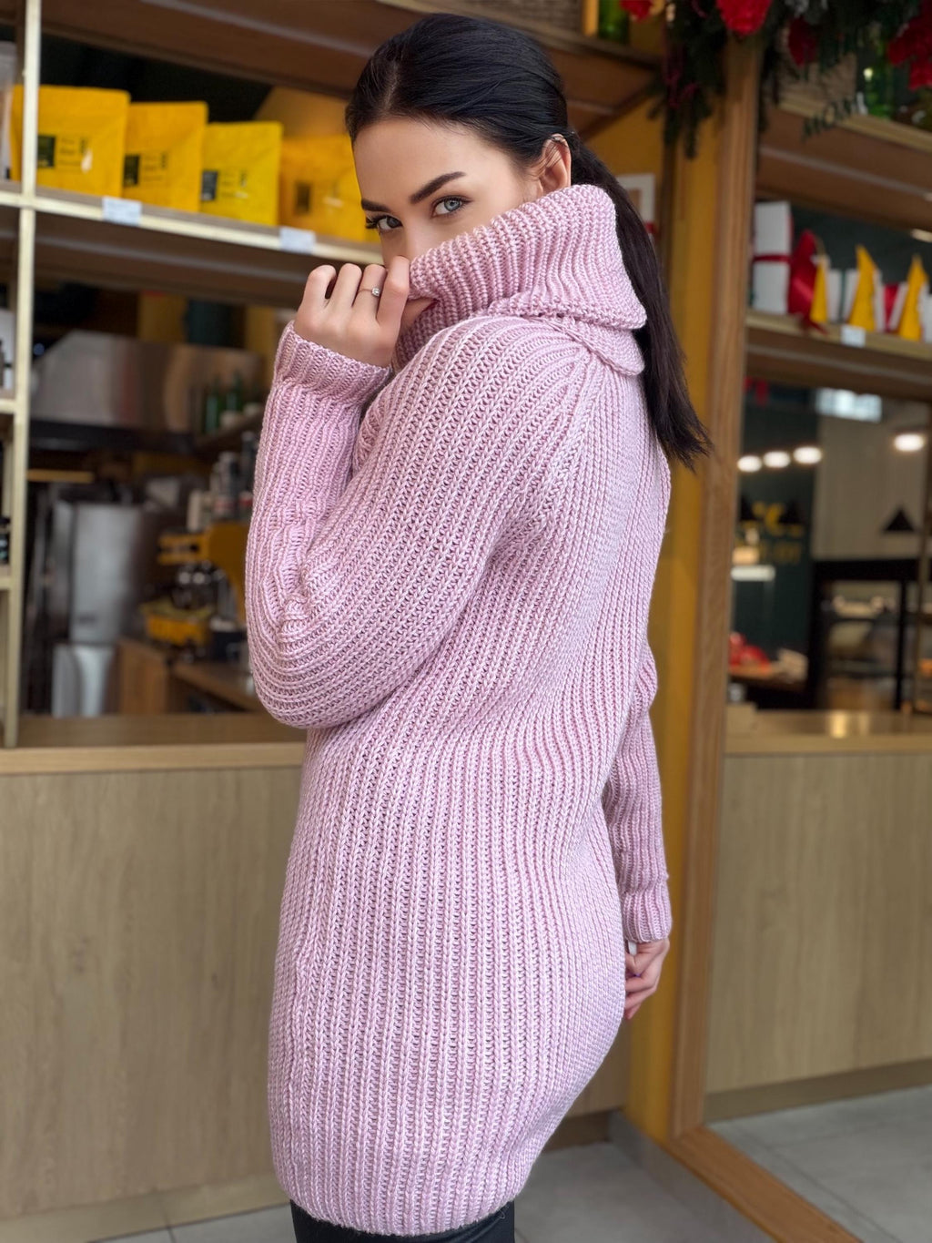 Merino wool hand knit pink Large Turtleneck - Sweater Big high collar unisex Cable Knit wool pullover Womens Chunky knit sweater dress