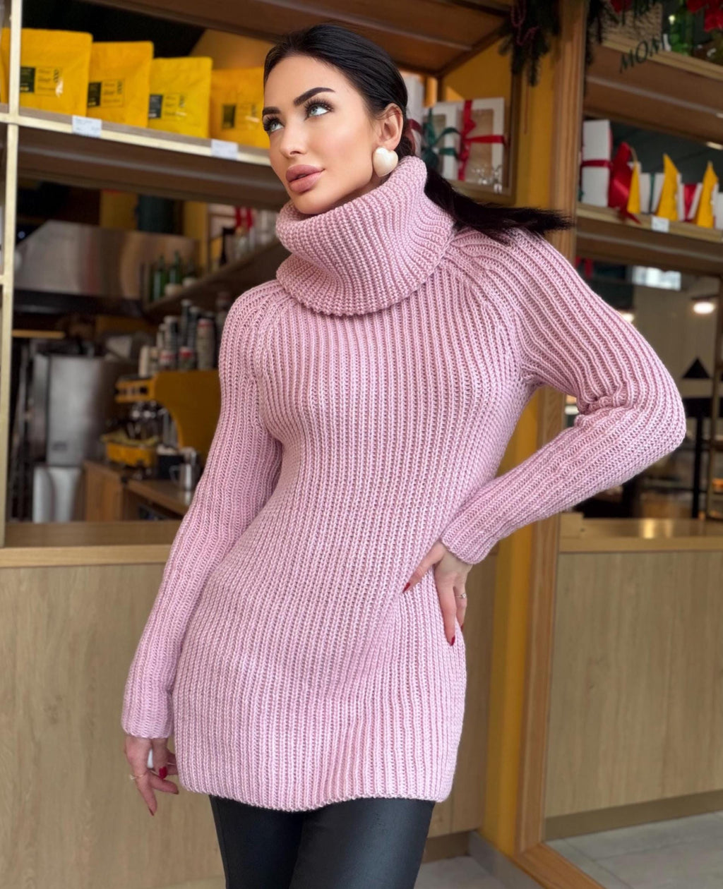 Merino wool hand knit pink Large Turtleneck - Sweater Big high collar unisex Cable Knit wool pullover Womens Chunky knit sweater dress