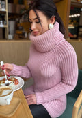 Merino wool hand knit pink Large Turtleneck - Sweater Big high collar unisex Cable Knit wool pullover Womens Chunky knit sweater dress