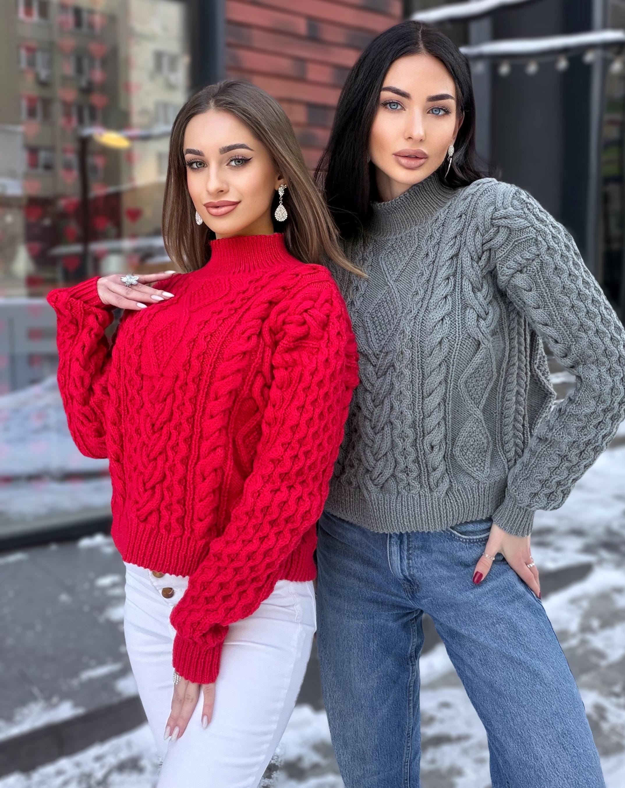 Hand Knit cable knit Grey Red Merino Wool Scandinavian Sweater turtleneck pullover Oversize crop sweater Women cable knit sweater
