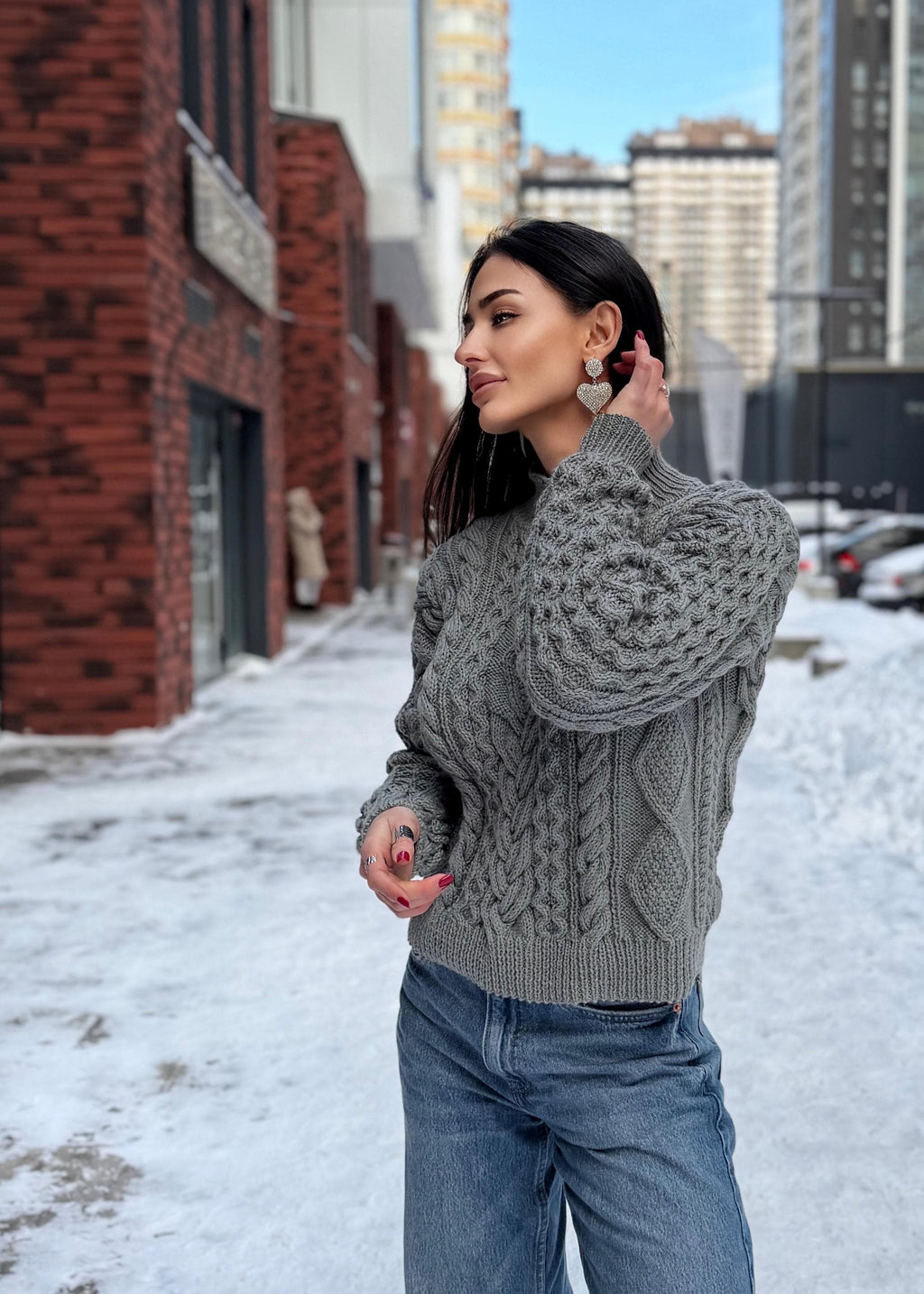 Hand Knit cable knit Grey Red Merino Wool Scandinavian Sweater turtleneck pullover Oversize crop sweater Women cable knit sweater