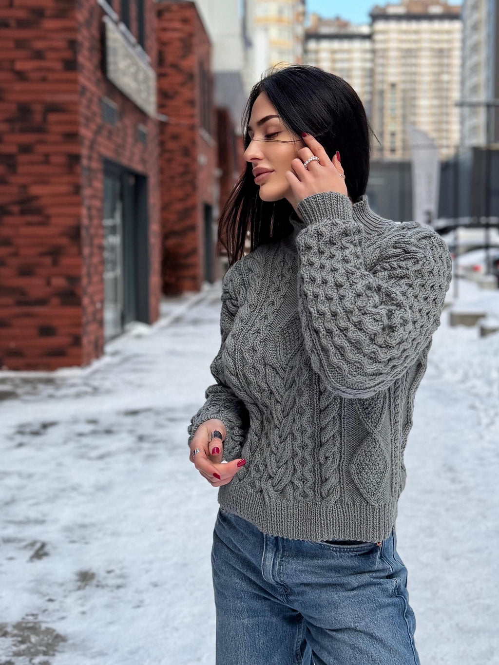 Hand Knit cable knit Grey Red Merino Wool Scandinavian Sweater turtleneck pullover Oversize crop sweater Women cable knit sweater