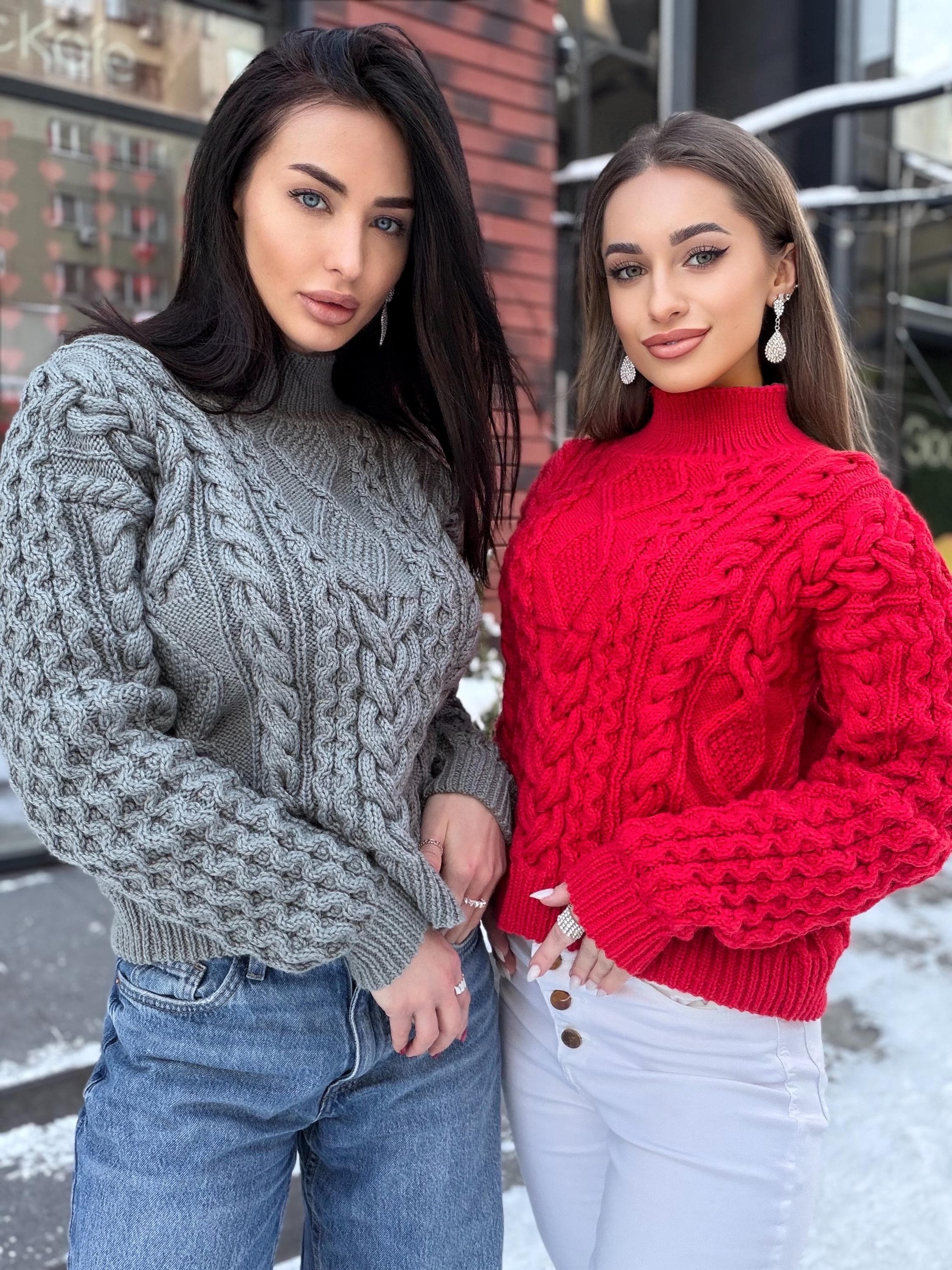 Hand Knit cable knit Grey Red Merino Wool Scandinavian Sweater turtleneck pullover Oversize crop sweater Women cable knit sweater