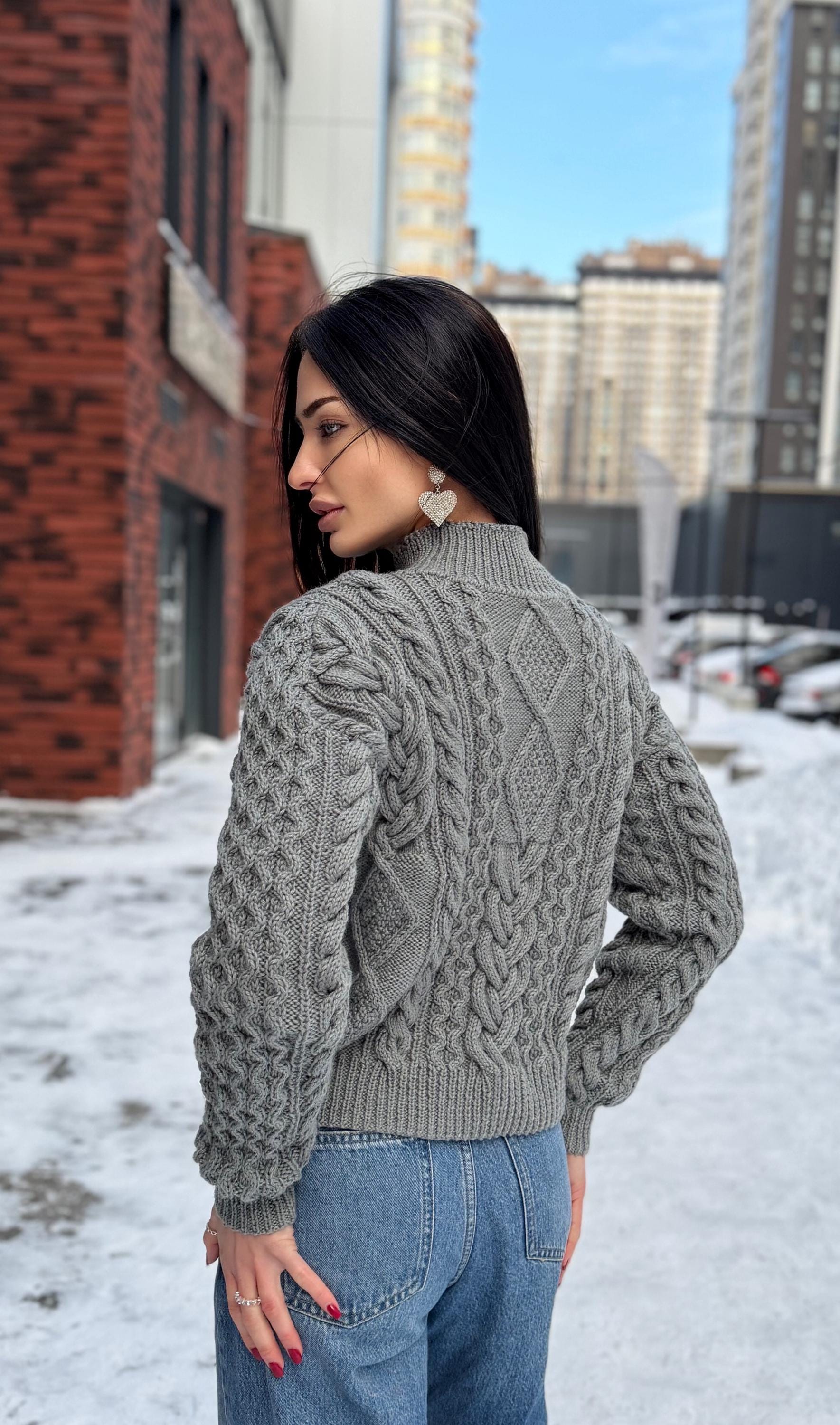 Hand Knit cable knit Grey Red Merino Wool Scandinavian Sweater turtleneck pullover Oversize crop sweater Women cable knit sweater