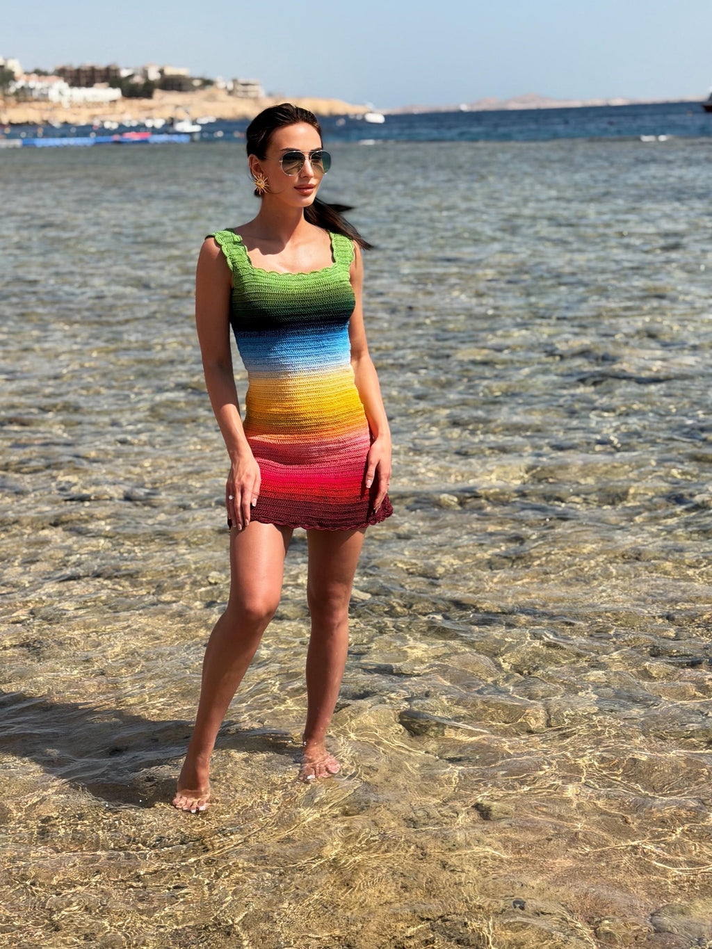 Crochet rainbow striped dress wide straps mini dress Beach Cover-Ups Recycled Cotton crochet dress beachwear Lace crochet dress