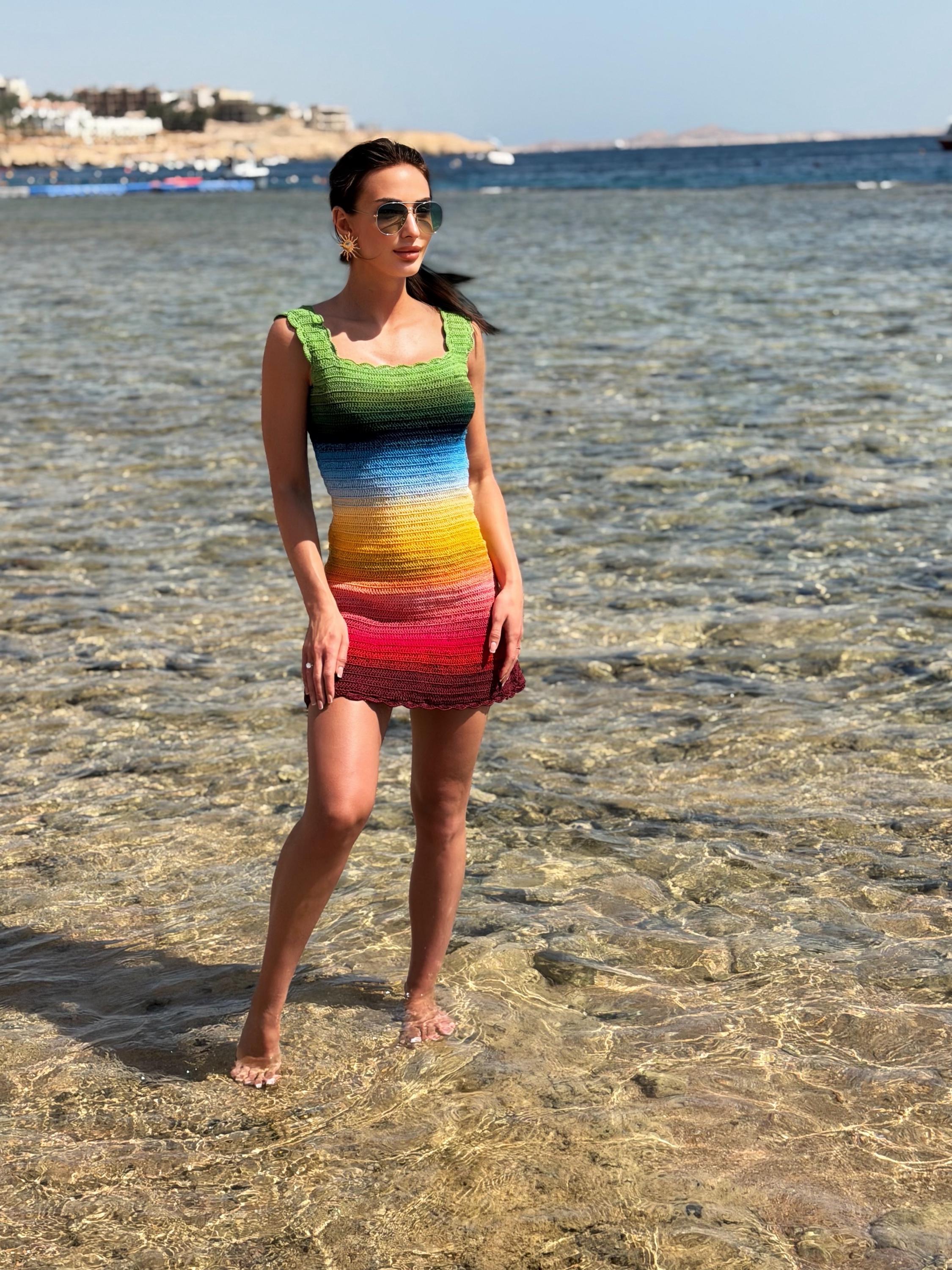Crochet rainbow striped dress wide straps mini dress Beach Cover-Ups Recycled Cotton crochet dress beachwear Lace crochet dress