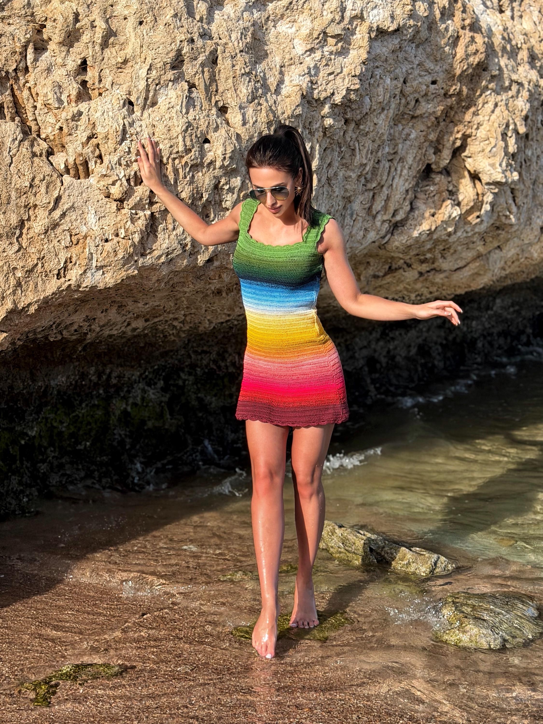 Crochet colourful striped dress wide straps mini dress Beach Cover-Ups Recycled Cotton crochet dress beachwear Lace crochet dress