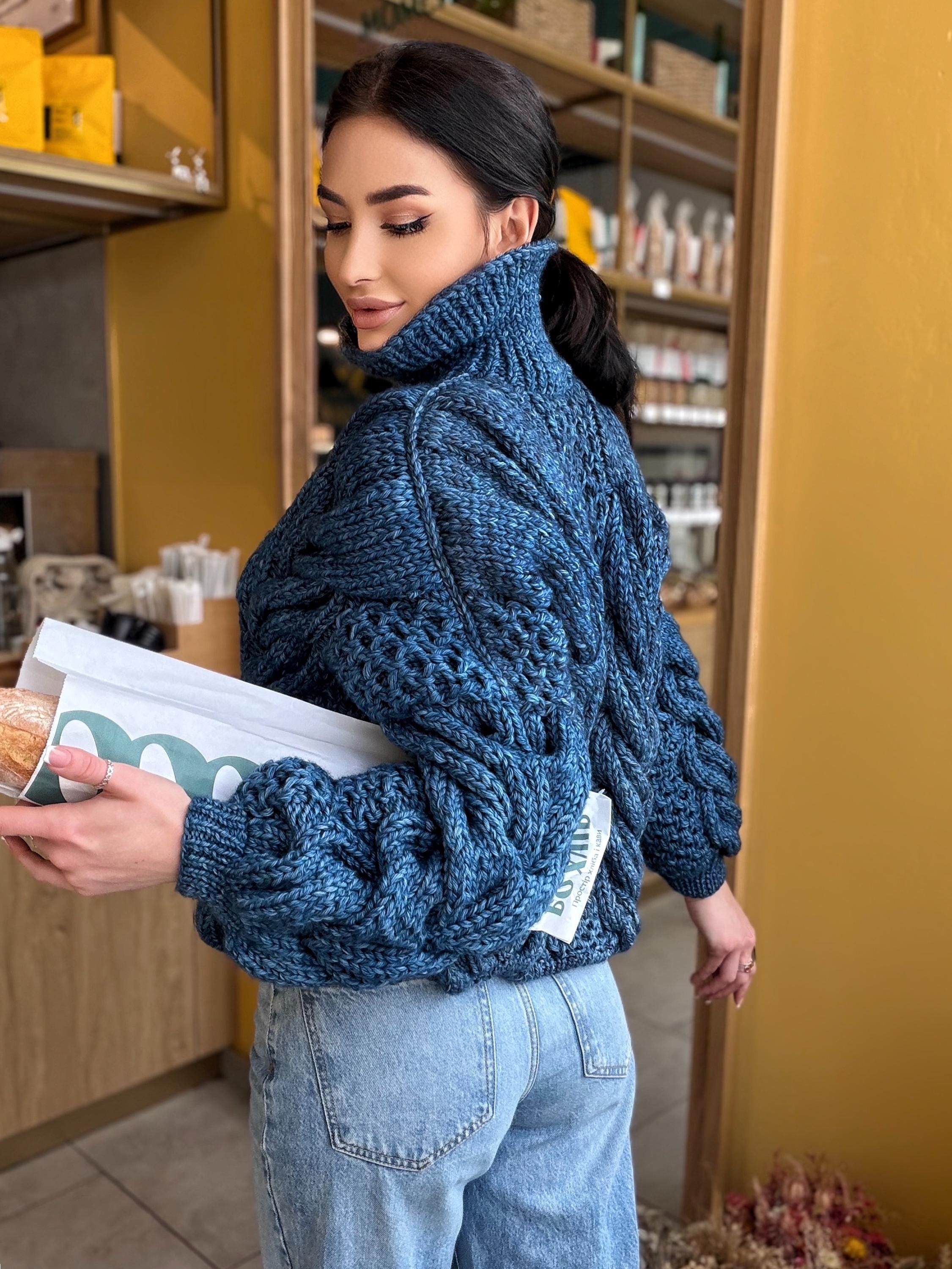 Zipper cable knit chunky 100% merino wool sweater turtleneck Hand knit soft blue melange jeans pullover High collar Warm oversize sweater