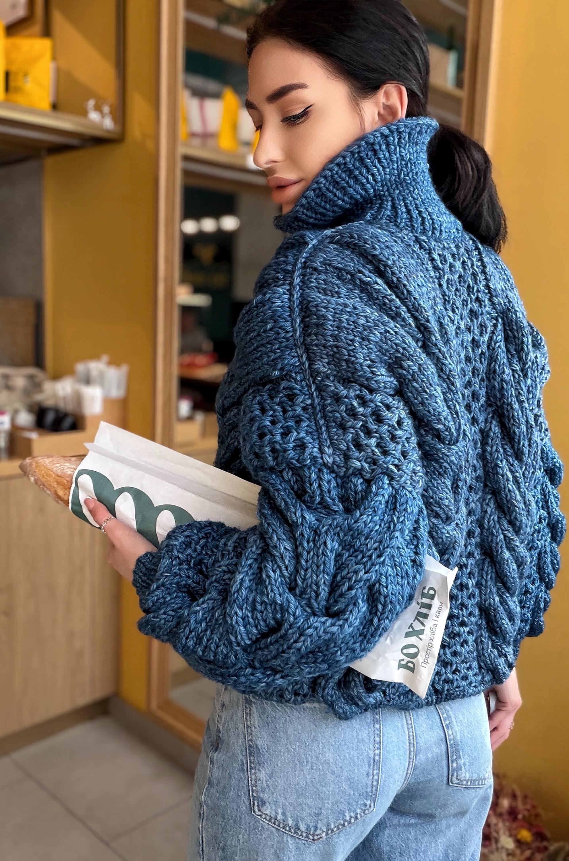 Zipper cable knit chunky 100% merino wool sweater turtleneck Hand knit soft blue melange jeans pullover High collar Warm oversize sweater