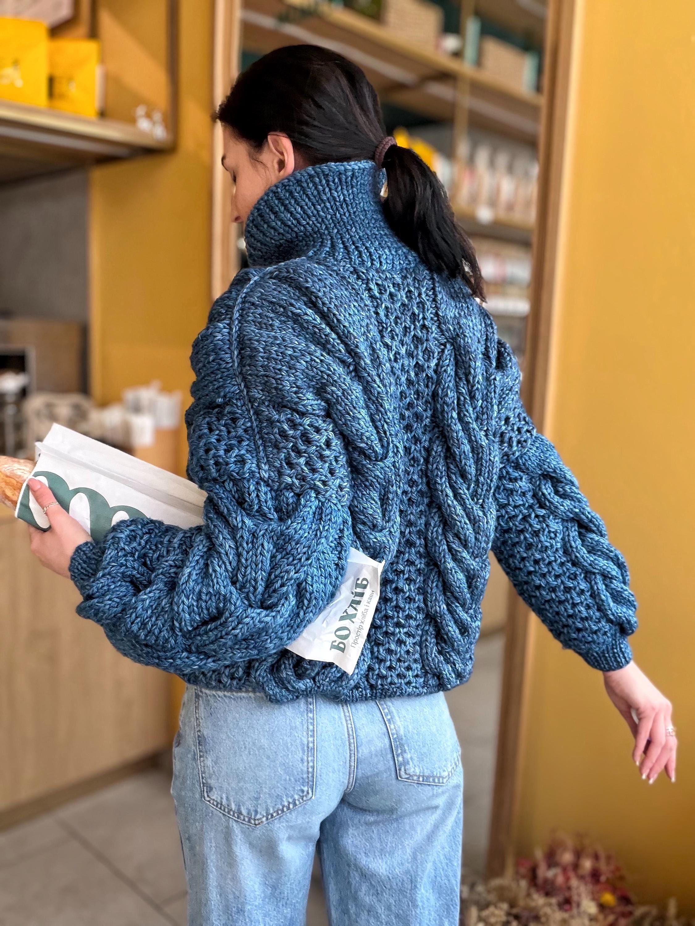 Zipper cable knit chunky 100% merino wool sweater turtleneck Hand knit soft blue melange jeans pullover High collar Warm oversize sweater