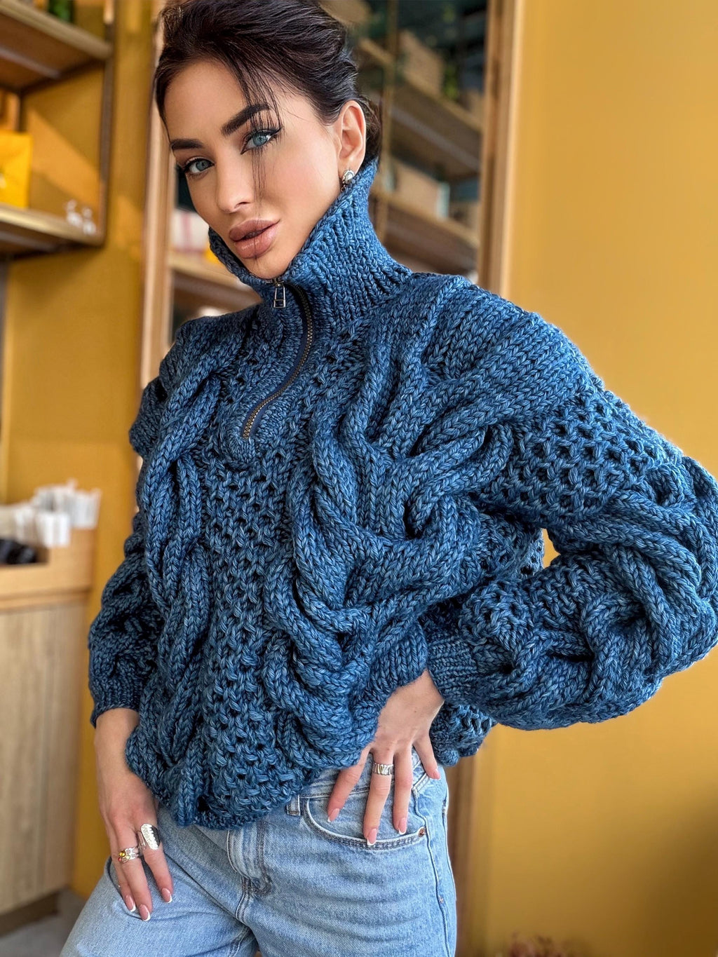 Zipper cable knit chunky 100% merino wool sweater turtleneck Hand knit soft blue melange jeans pullover High collar Warm oversize sweater