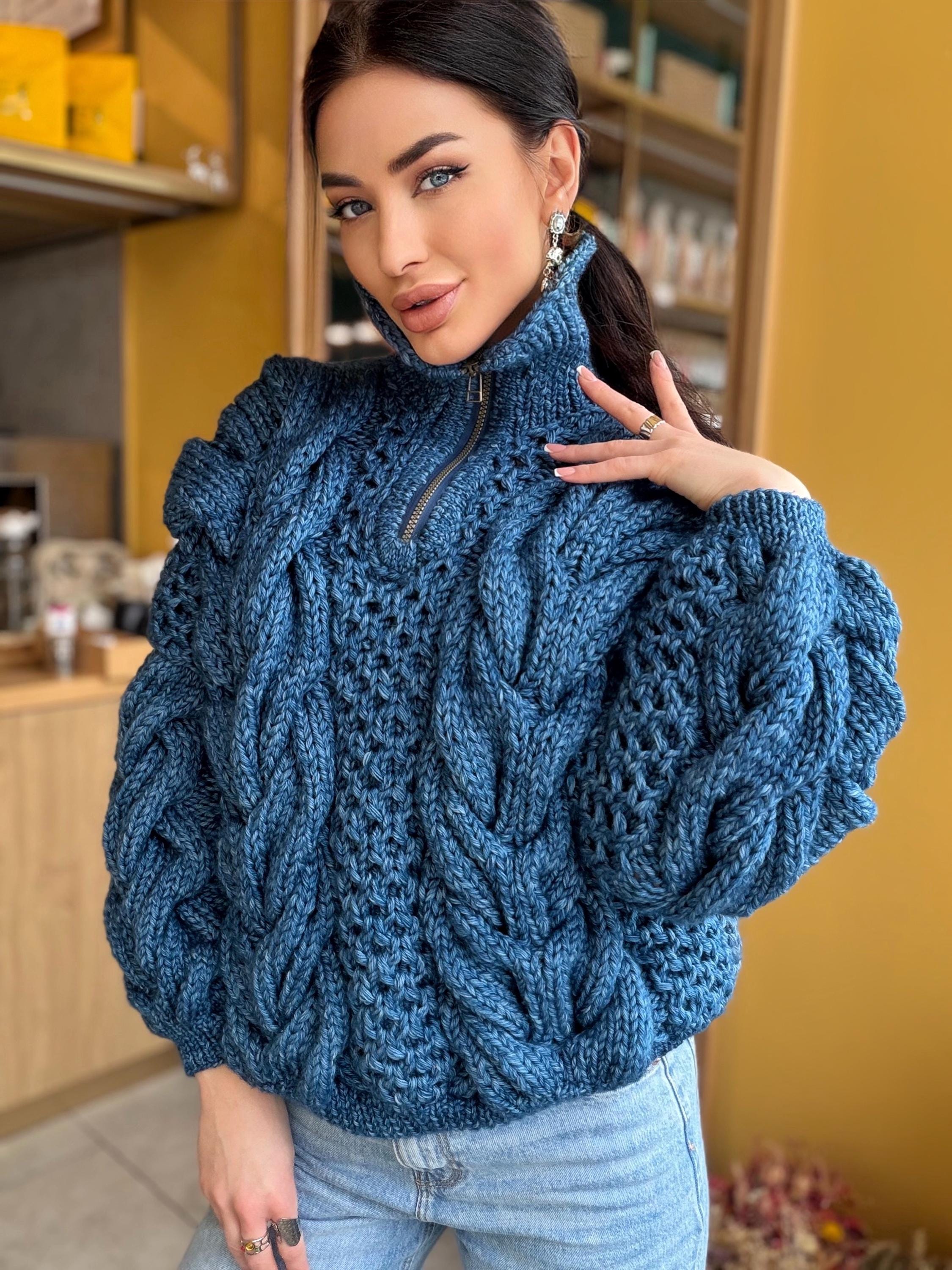 Zipper cable knit chunky 100% merino wool sweater turtleneck Hand knit soft blue melange jeans pullover High collar Warm oversize sweater