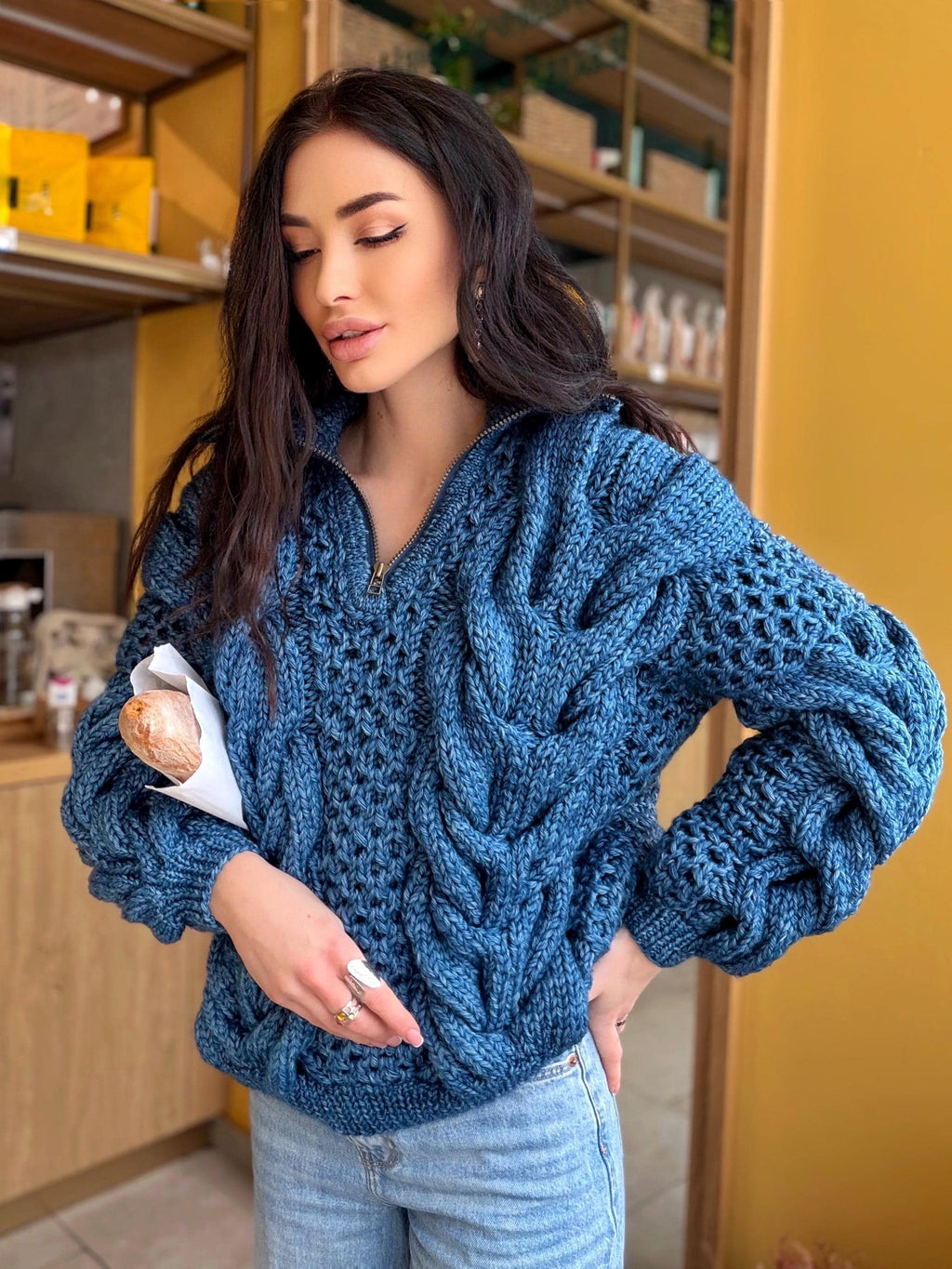 Zipper cable knit chunky 100% merino wool sweater turtleneck Hand knit soft blue melange jeans pullover High collar Warm oversize sweater