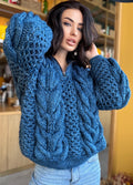 Zipper cable knit chunky 100% merino wool sweater turtleneck Hand knit soft blue melange jeans pullover High collar Warm oversize sweater