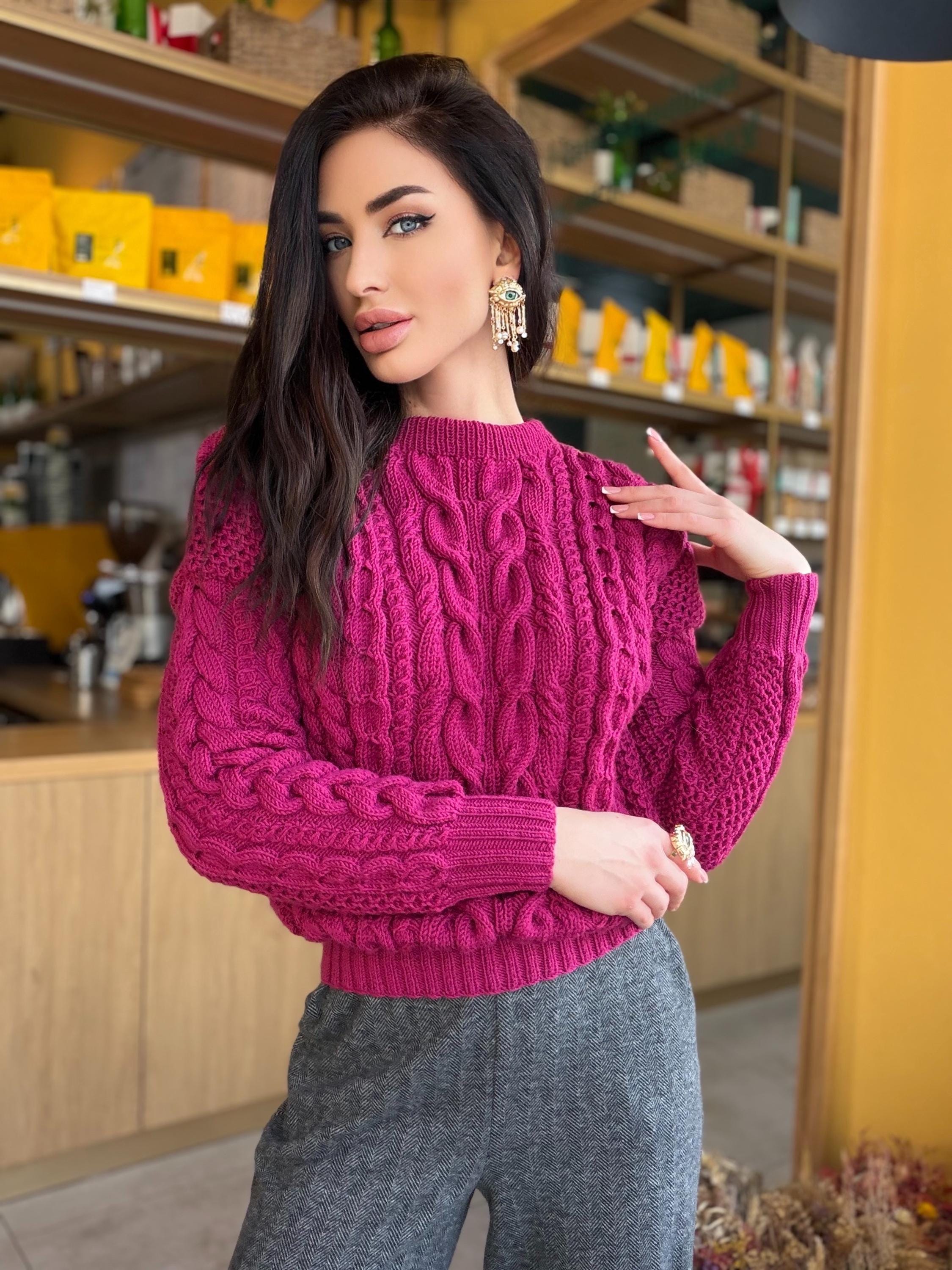Hand knit cropped fuchsia soft merino wool pink sweater women Jumper Chunky knit loose Oversized High Waist