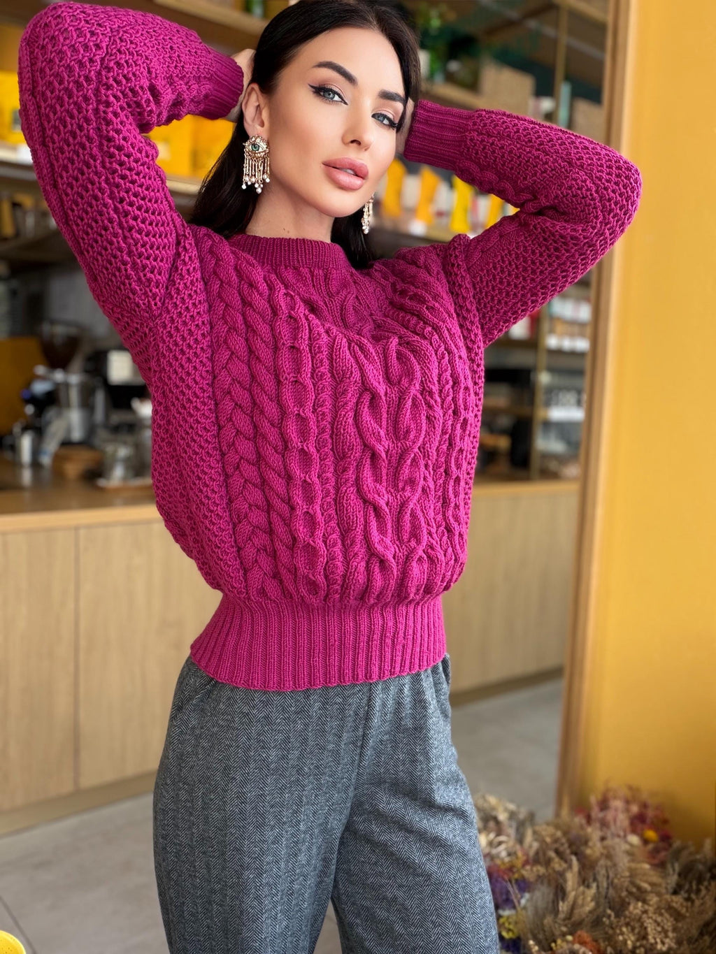 Hand knit cropped fuchsia soft merino wool pink sweater women Jumper Chunky knit loose Oversized High Waist