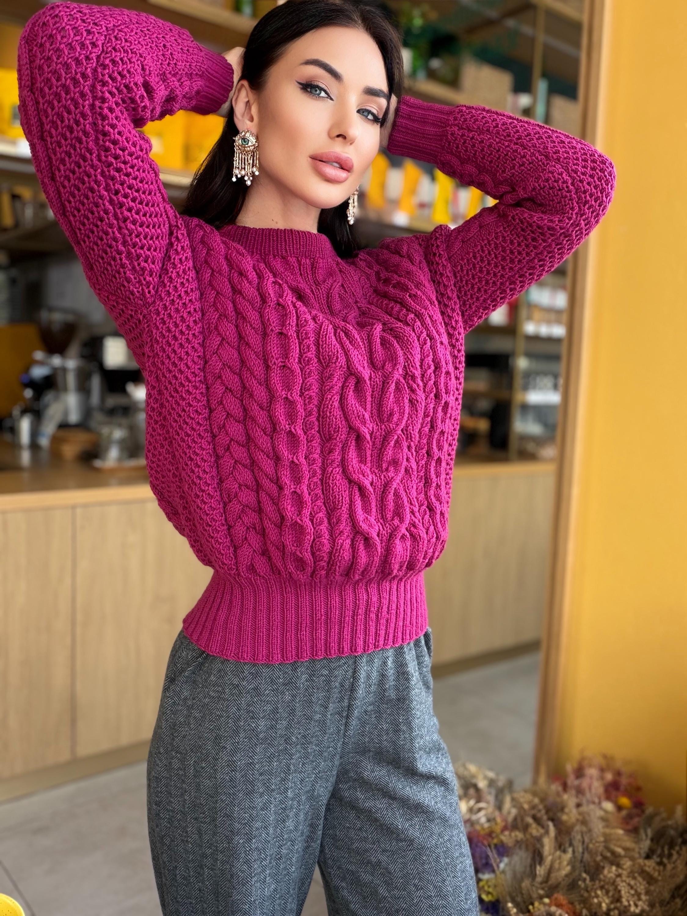 Hand knit cropped fuchsia soft merino wool pink sweater women Jumper Chunky knit loose Oversized High Waist