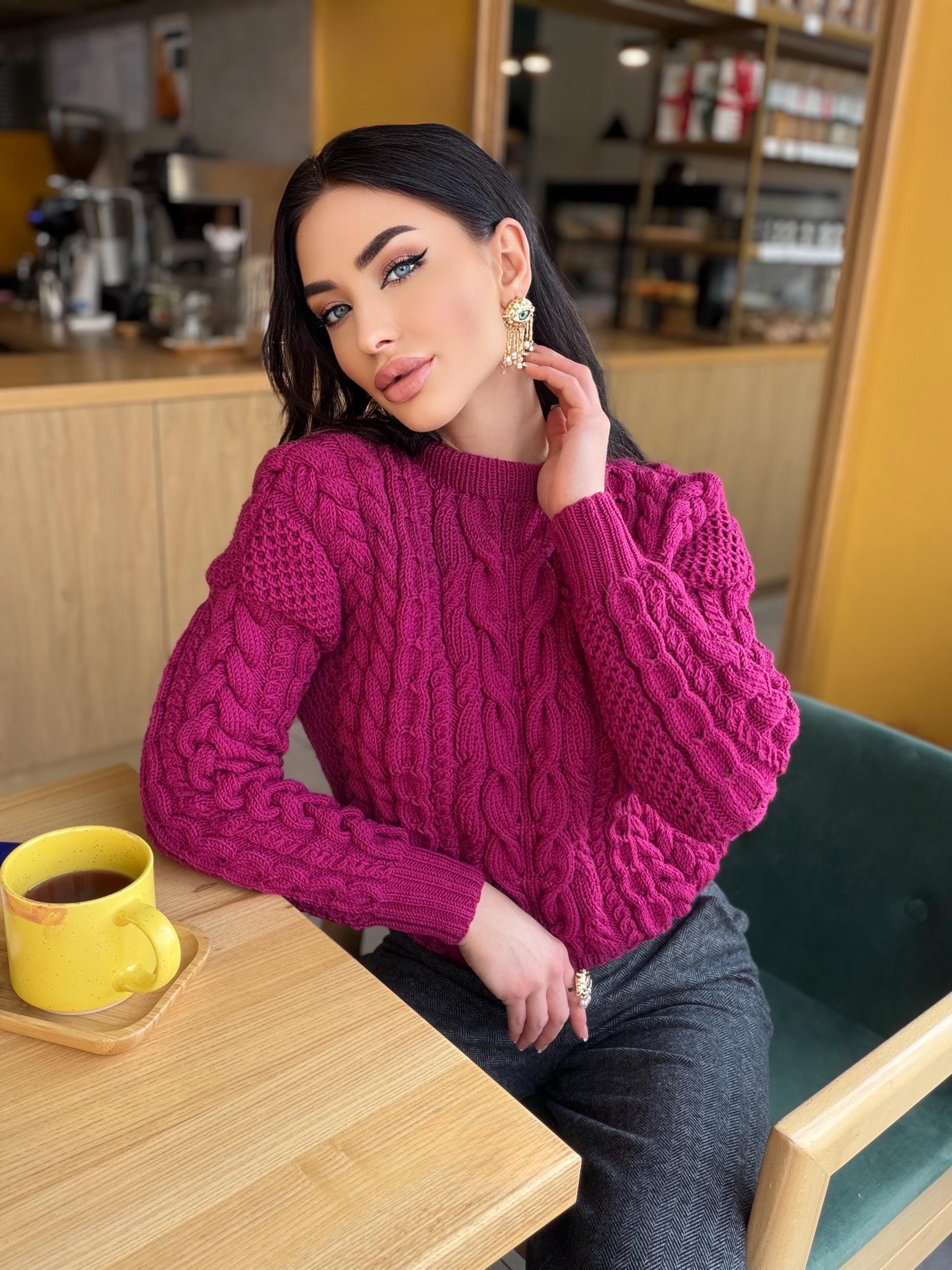 Hand knit cropped fuchsia soft merino wool pink sweater women Jumper Chunky knit loose Oversized High Waist