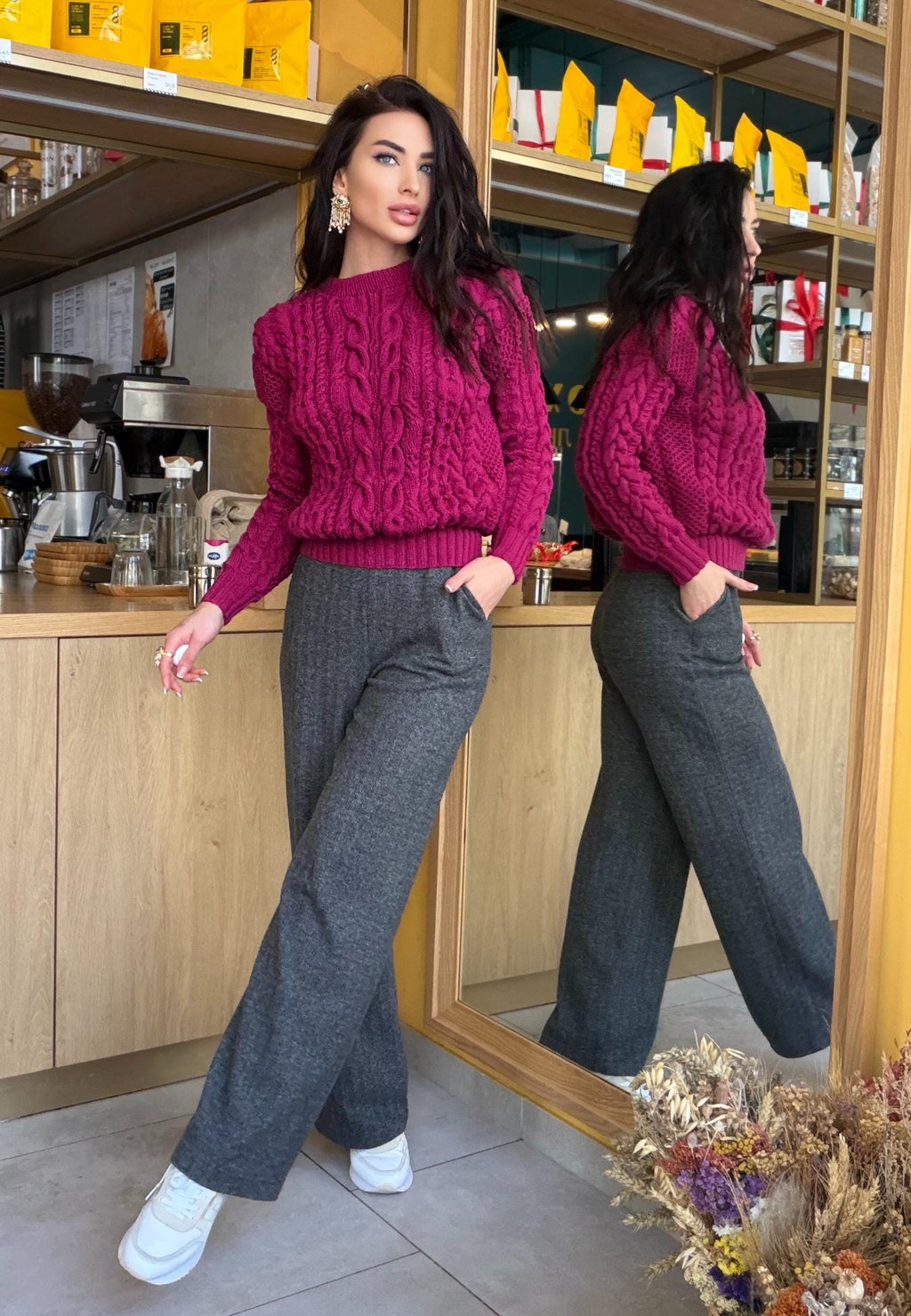 Dark pink crop soft merino wool mixture knitted Sweater Women Hand Knitted Jumper Cable Loose Knit Oversized High Waist Knitted Sweater
