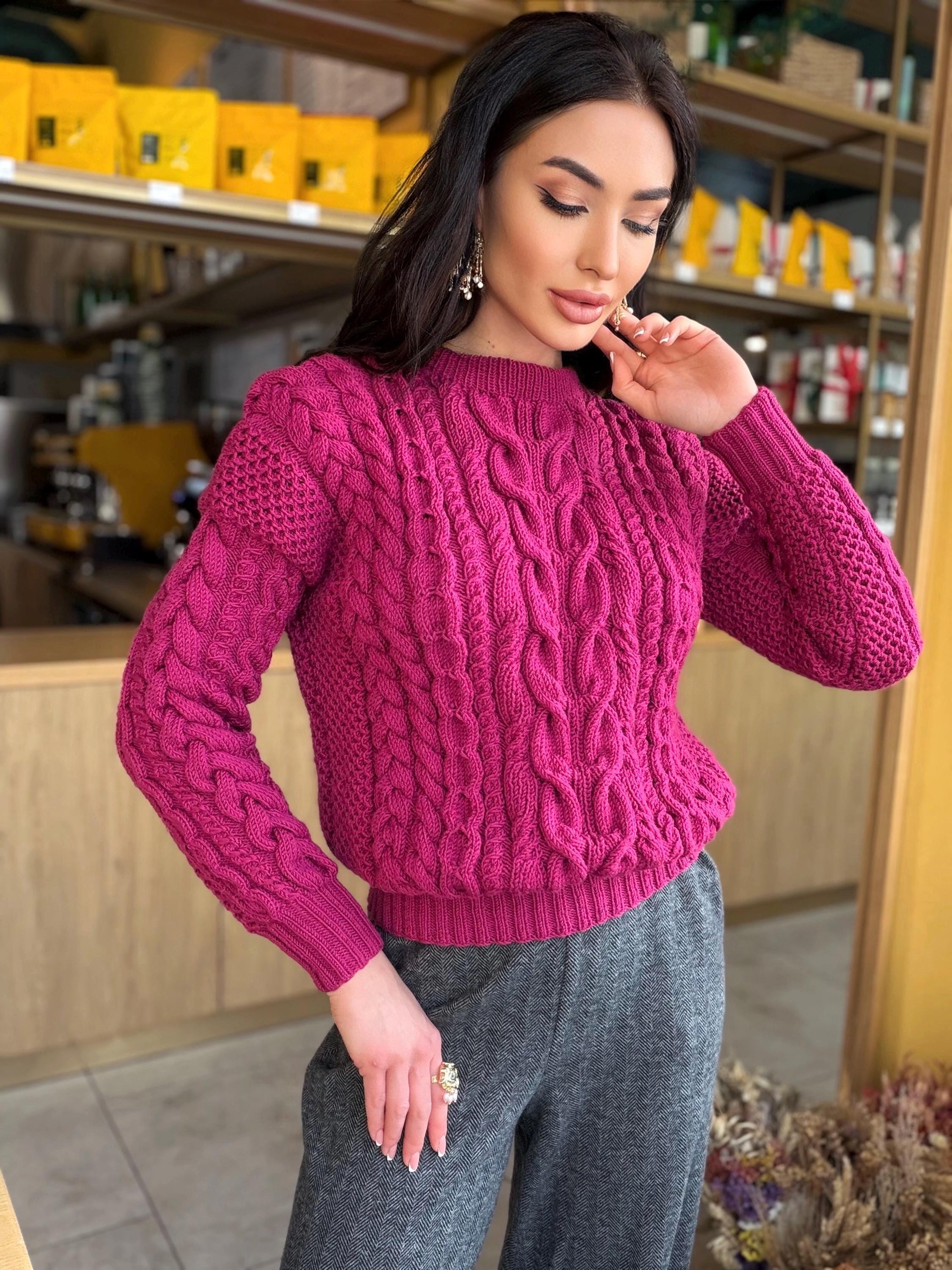 Dark pink crop soft merino wool mixture knitted Sweater Women Hand Knitted Jumper Cable Loose Knit Oversized High Waist Knitted Sweater