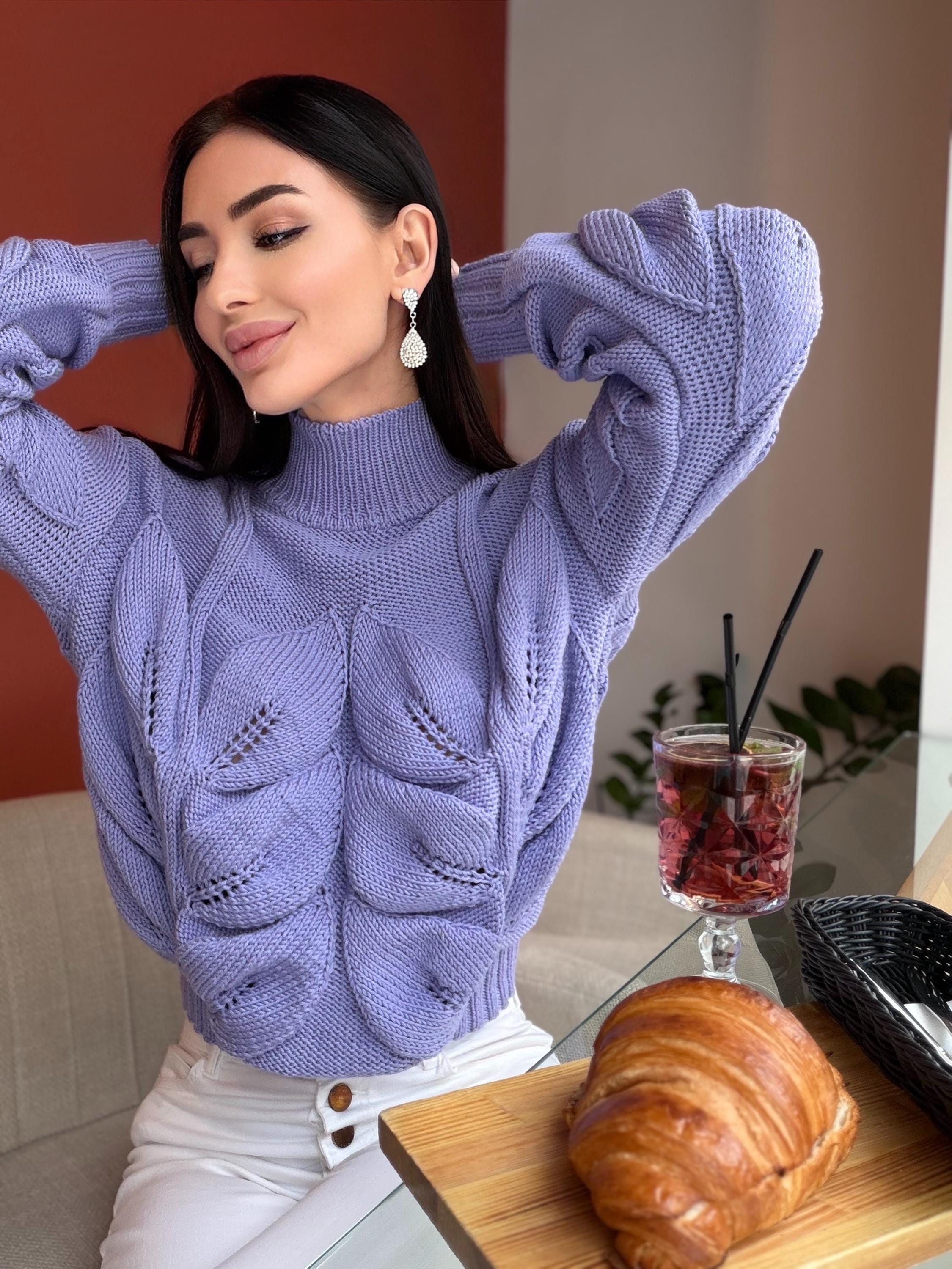 Hand knit organic cotton wool sweater «Leaves» Soft knitted Lilac Pink turtleneck Chunky knit linen pullover High collar jumper