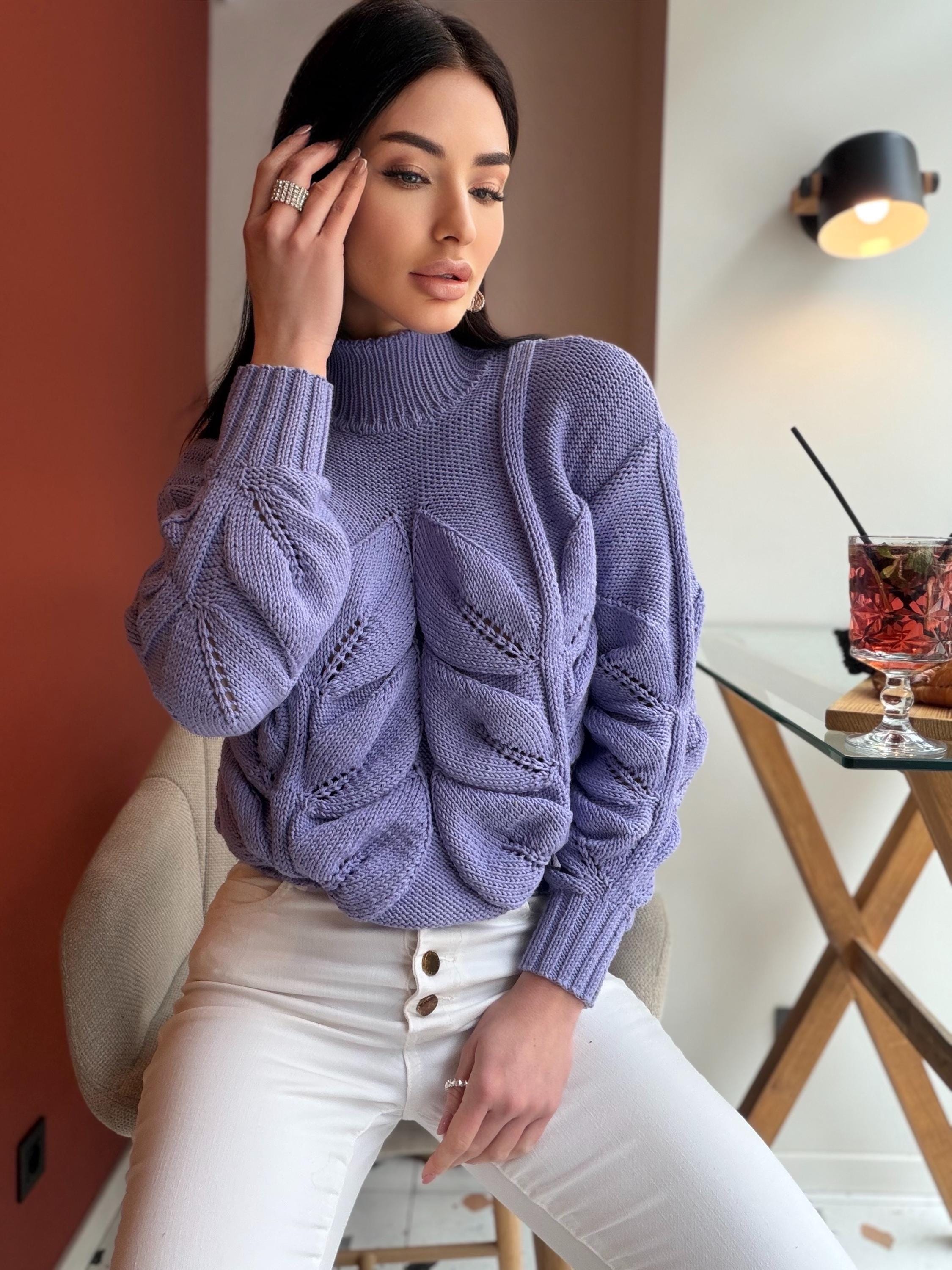 Hand knit organic cotton wool sweater «Leaves» Soft knitted Lilac Pink turtleneck Chunky knit linen pullover High collar jumper
