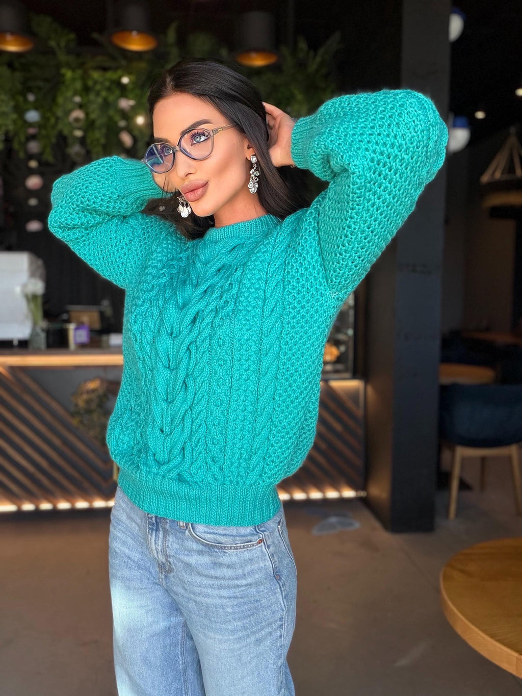 Merino wool hand knit blue turquoise merino cable knit sweater women jumper Loose chunky knit Scandinavian cable knit pullover