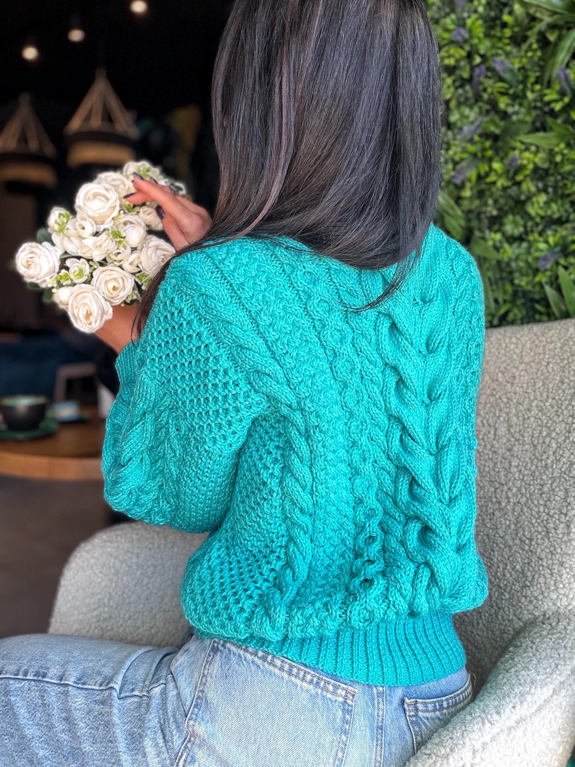 Merino wool hand knit blue turquoise merino cable knit sweater women jumper Loose chunky knit Scandinavian cable knit pullover