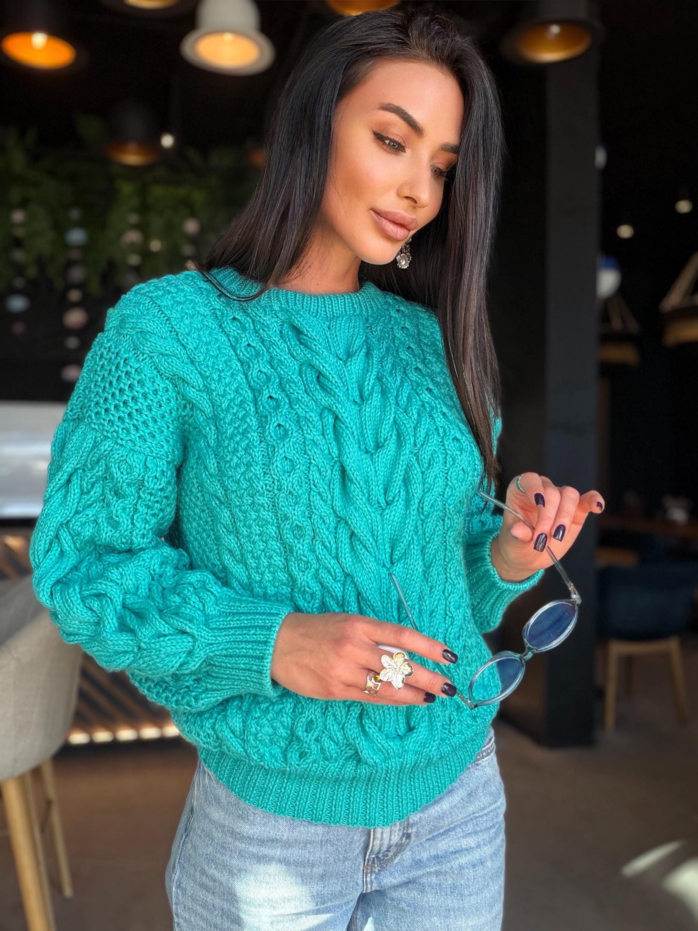 Merino wool hand knit blue turquoise merino cable knit sweater women jumper Loose chunky knit Scandinavian cable knit pullover