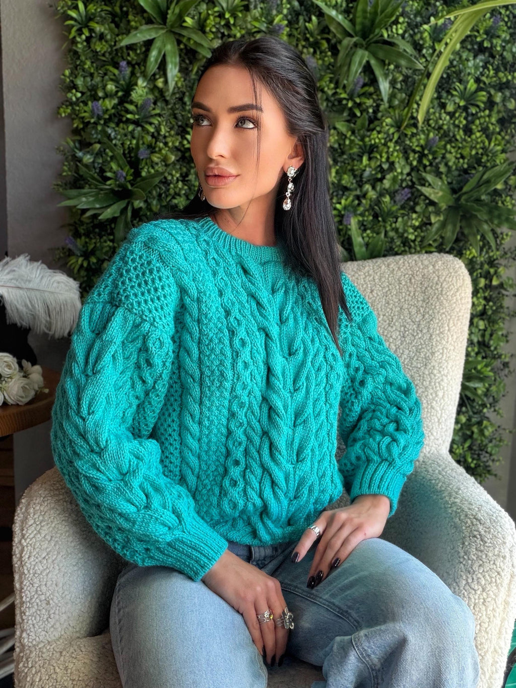 Merino wool hand knit blue turquoise merino cable knit sweater women jumper Loose chunky knit Scandinavian cable knit pullover