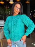Merino wool hand knit blue turquoise merino cable knit sweater women jumper Loose chunky knit Scandinavian cable knit pullover