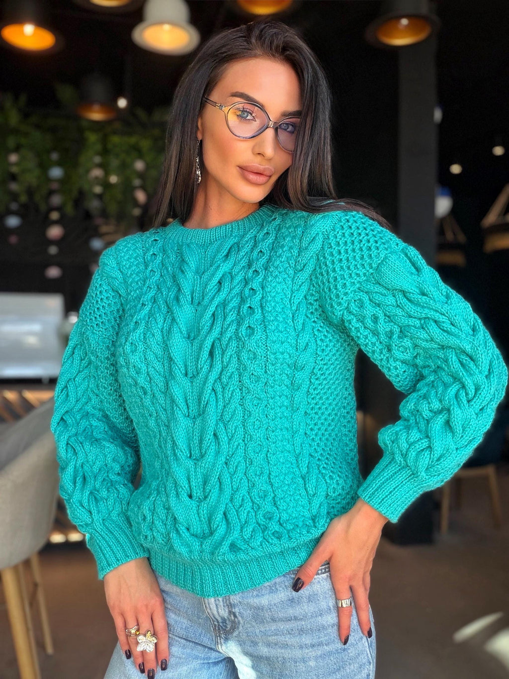 Merino wool hand knit blue turquoise merino cable knit sweater women jumper Loose chunky knit Scandinavian cable knit pullover
