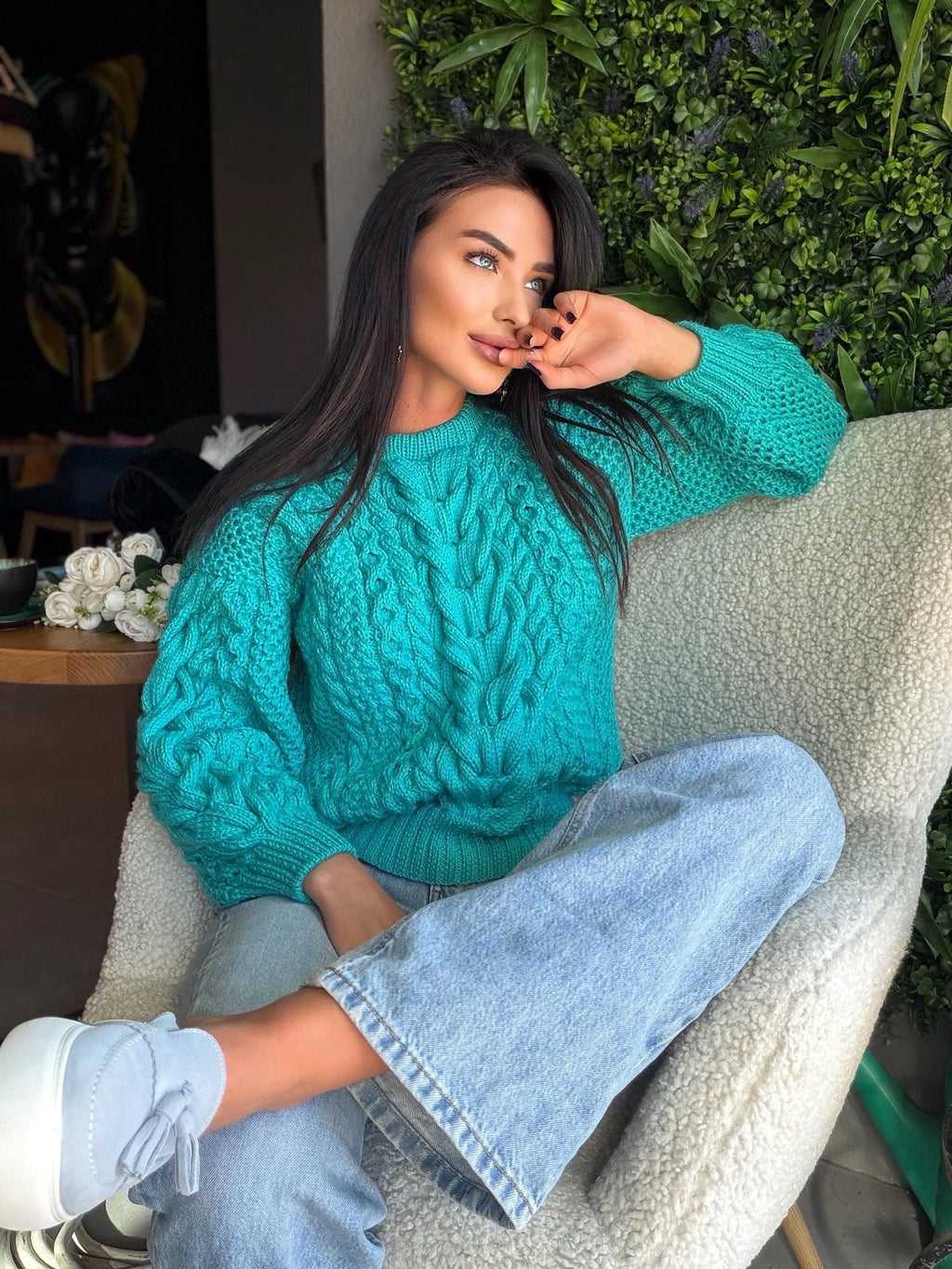 Merino wool hand knit blue turquoise merino cable knit sweater women jumper Loose chunky knit Scandinavian cable knit pullover