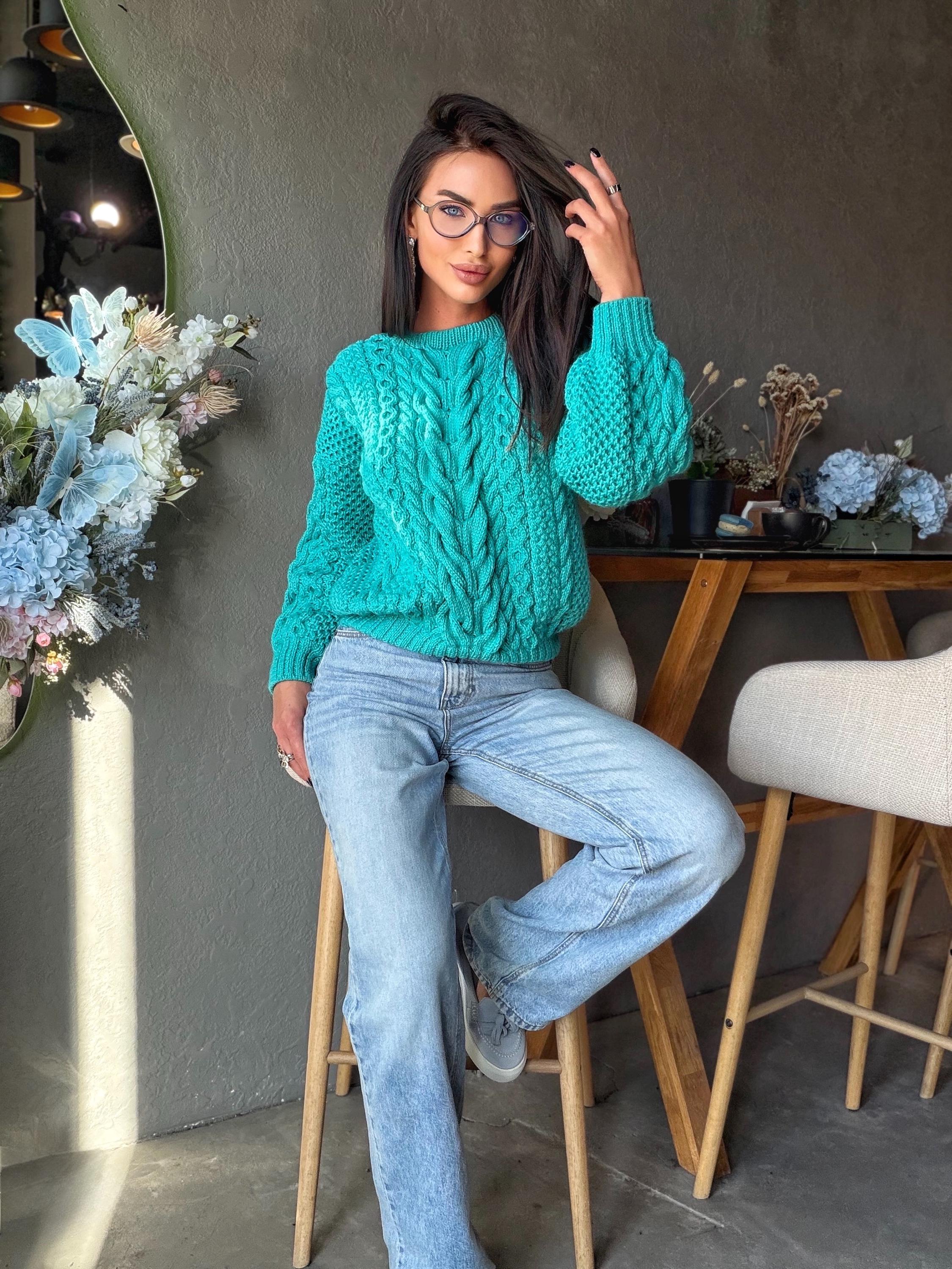 Merino wool hand knit blue turquoise merino cable knit sweater women jumper Loose chunky knit Scandinavian cable knit pullover
