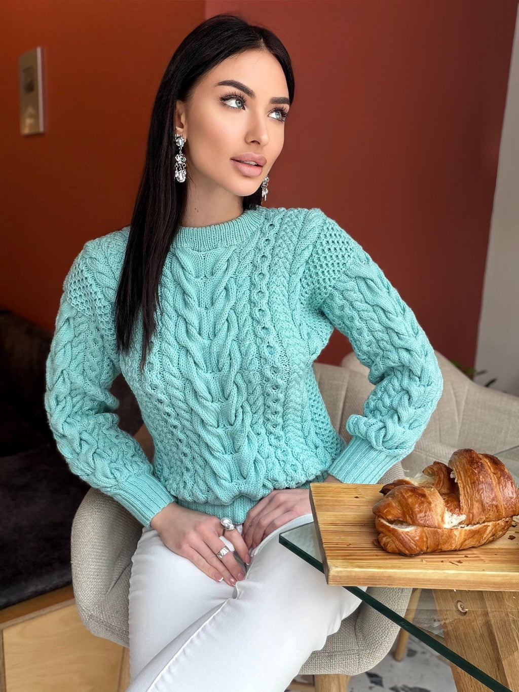 Blue aquamarine knit merino wool sweater women Knitted light blue jumper 7/8 sleeve Cable knitting Loose knit linen oversize pullover
