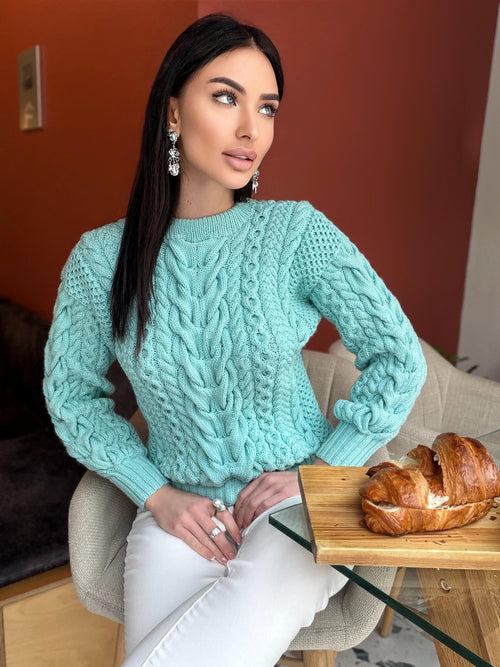 Blue aquamarine knit merino wool sweater women Knitted light blue jumper 7/8 sleeve Cable knitting Loose knit linen oversize pullover