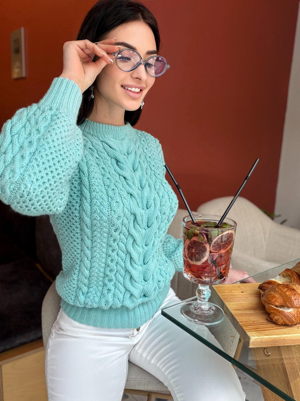 Blue aquamarine knit merino wool sweater women Knitted light blue jumper 7/8 sleeve Cable knitting Loose knit linen oversize pullover