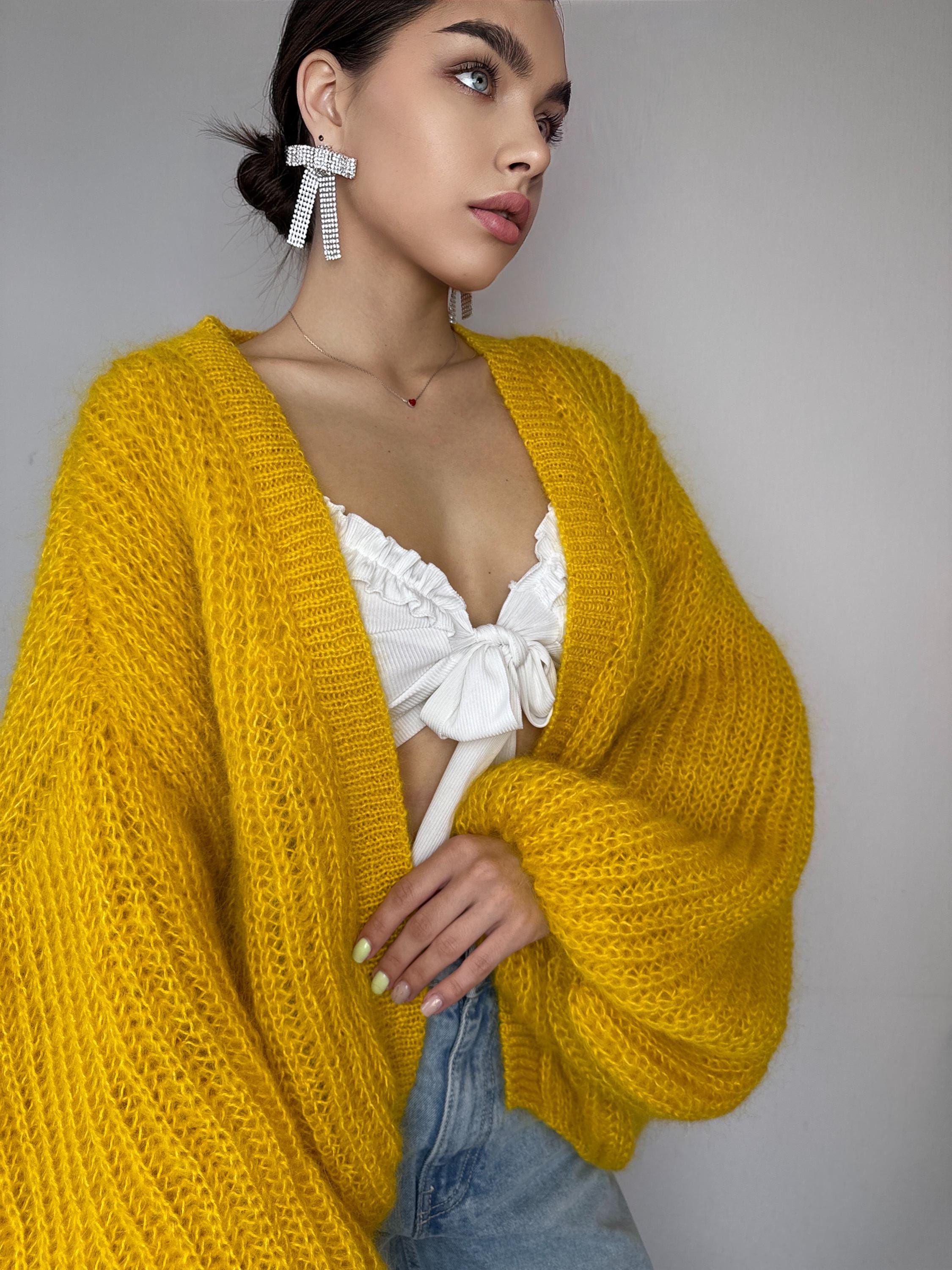 Mohair hand knit cardigan Yellow wonen Lemon Bright cardigan sweater knitted coat Jacket Women Bridal shrug bolero wool Fluffy short card