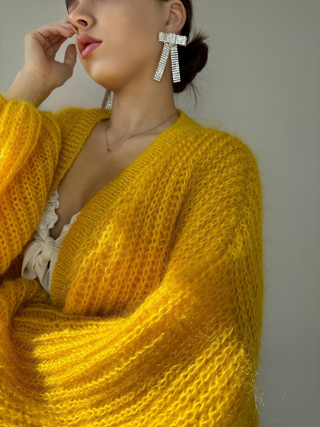Mohair hand knit cardigan Yellow wonen Lemon Bright cardigan sweater knitted coat Jacket Women Bridal shrug bolero wool Fluffy short card