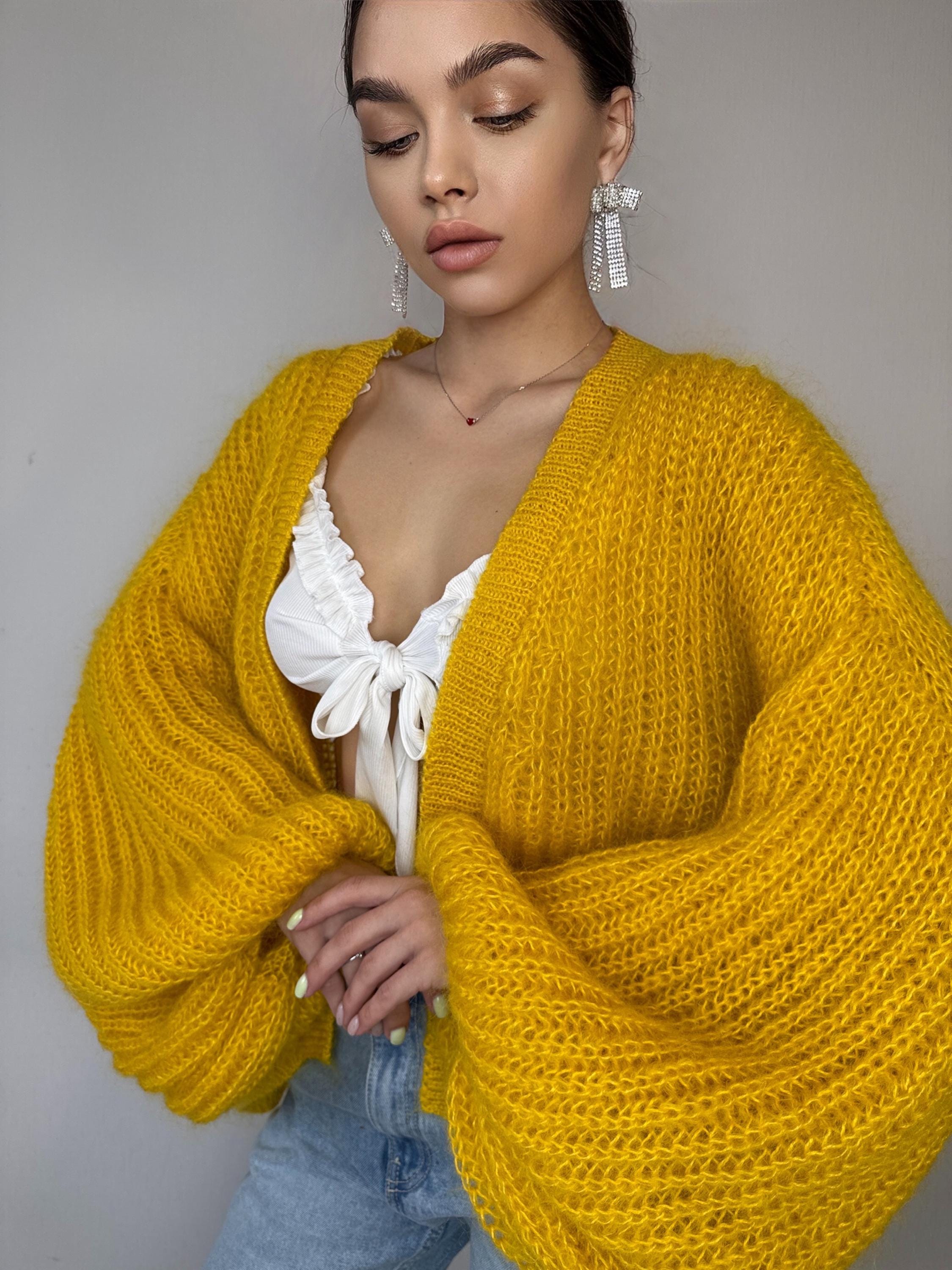 Mohair hand knit cardigan Yellow wonen Lemon Bright cardigan sweater knitted coat Jacket Women Bridal shrug bolero wool Fluffy short card