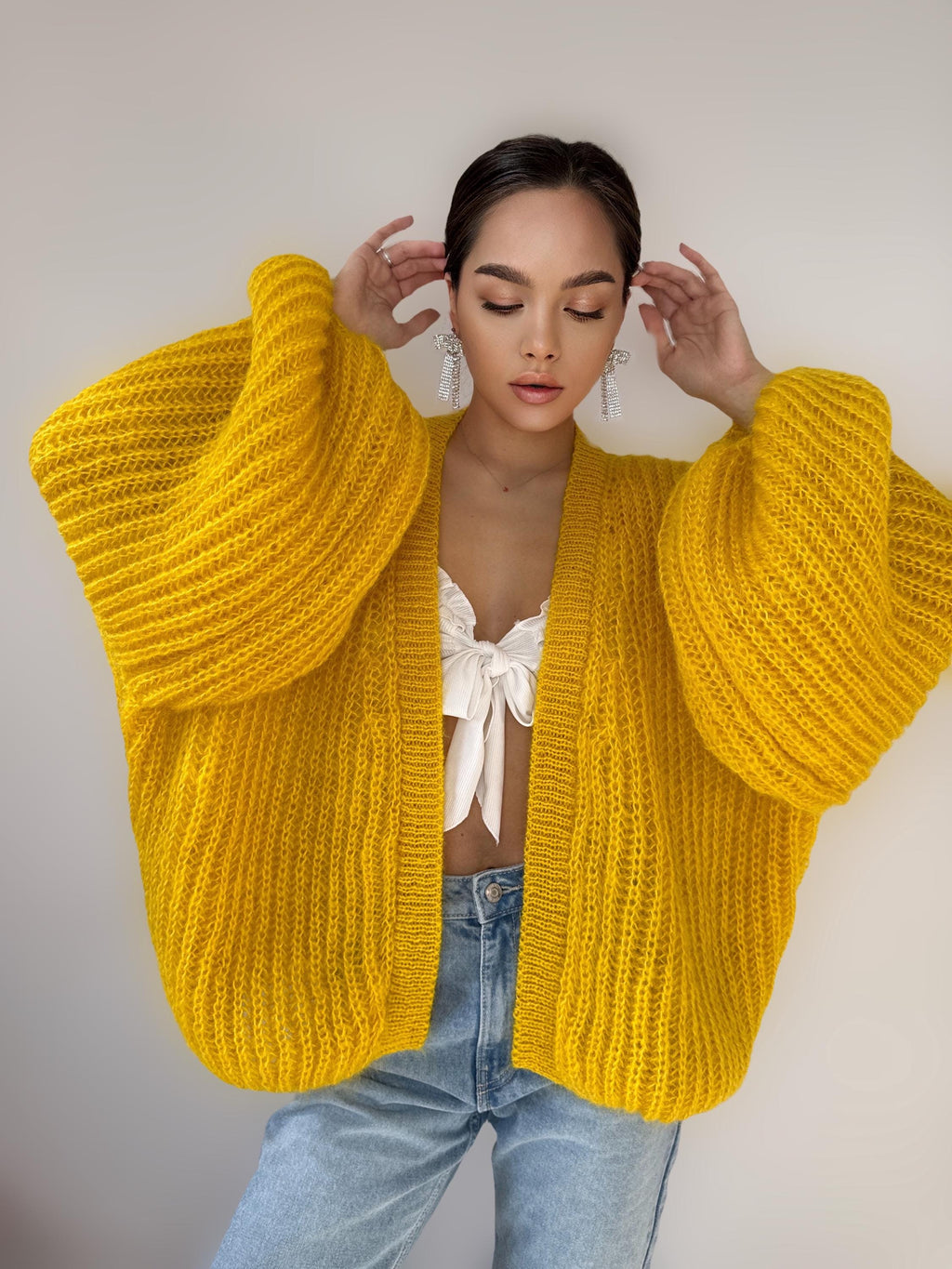 Mohair hand knit cardigan Yellow wonen Lemon Bright cardigan sweater knitted coat Jacket Women Bridal shrug bolero wool Fluffy short card