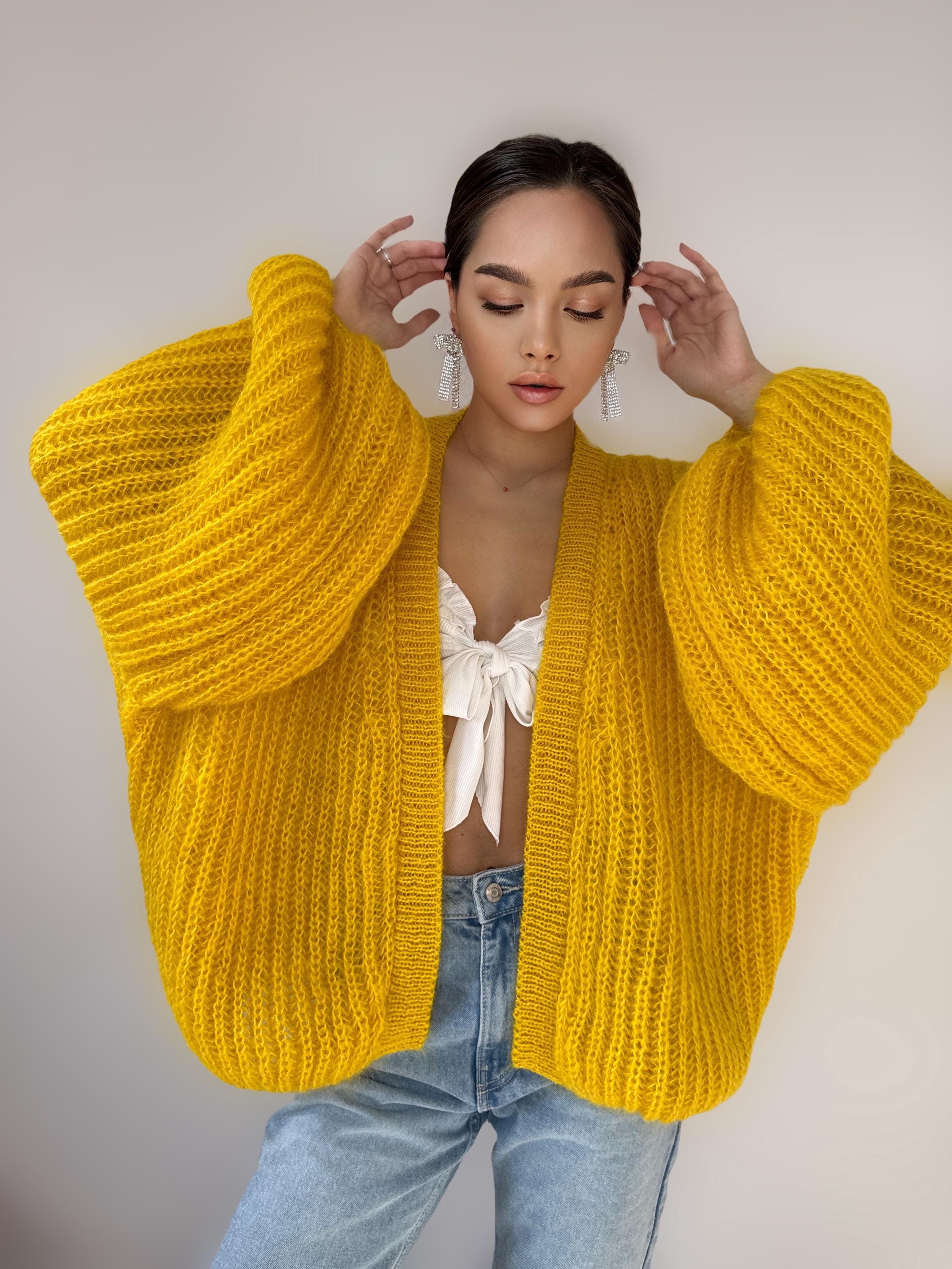 Mohair hand knit cardigan Yellow wonen Lemon Bright cardigan sweater knitted coat Jacket Women Bridal shrug bolero wool Fluffy short card