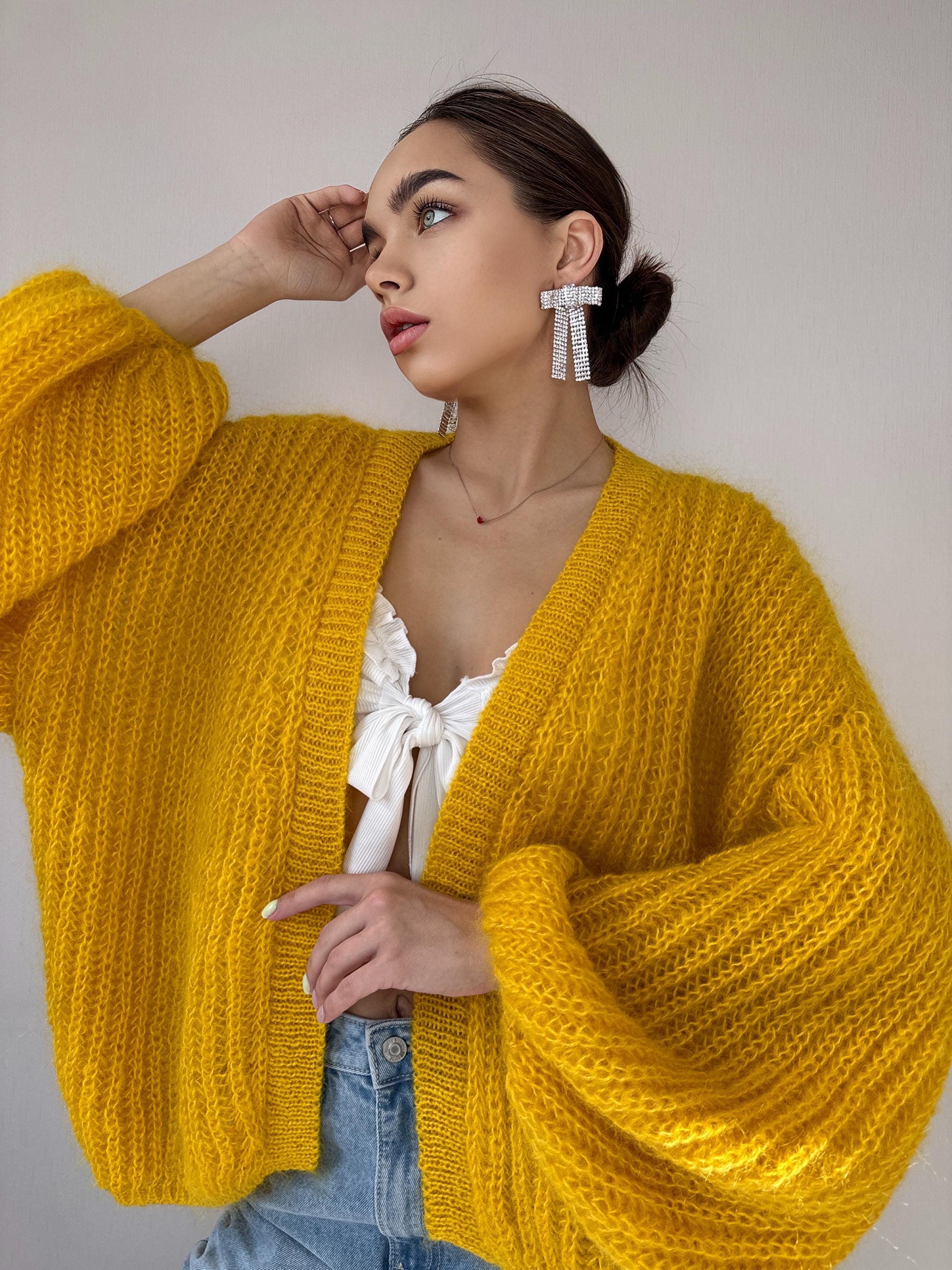 Mohair hand knit cardigan Yellow wonen Lemon Bright cardigan sweater knitted coat Jacket Women Bridal shrug bolero wool Fluffy short card