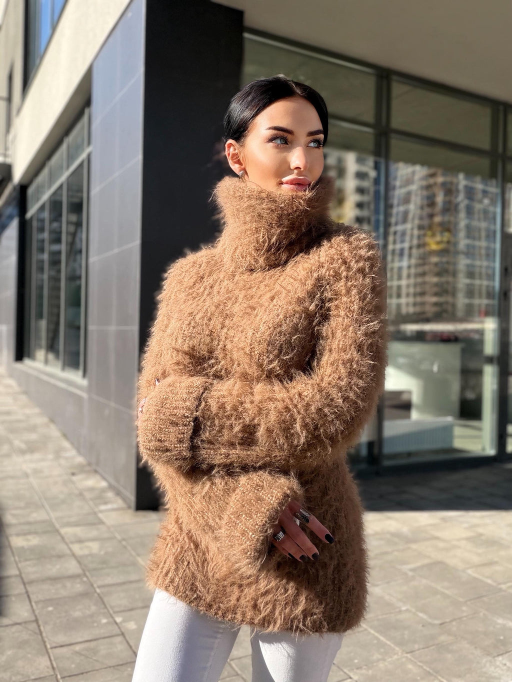 Large hand knit beige brown fluffy merino wool turtleneck sweater High collar long soft chunky knit sweater dress Chunky knit big pullove