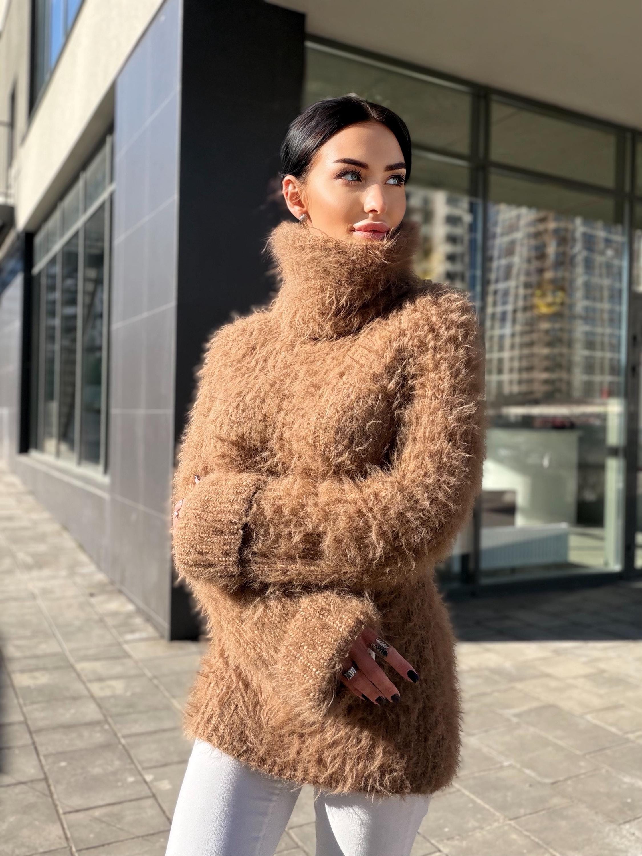 Large hand knit beige brown fluffy merino wool turtleneck sweater High collar long soft chunky knit sweater dress Chunky knit big pullove