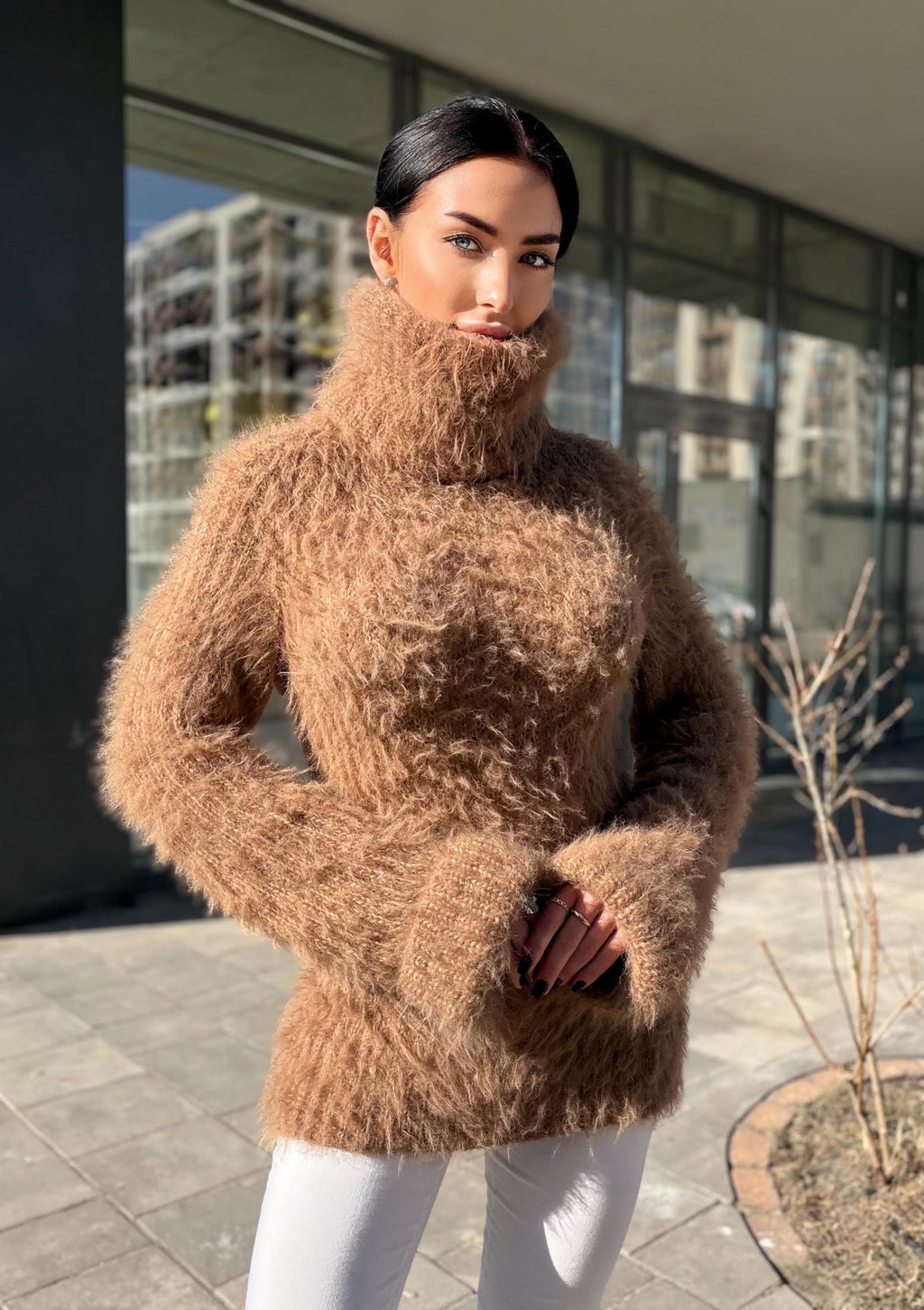 Large hand knit beige brown fluffy merino wool turtleneck sweater High collar long soft chunky knit sweater dress Chunky knit big pullove
