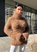 Large hand knit beige brown fluffy merino wool turtleneck sweater High collar long soft chunky knit sweater dress Chunky knit big pullove