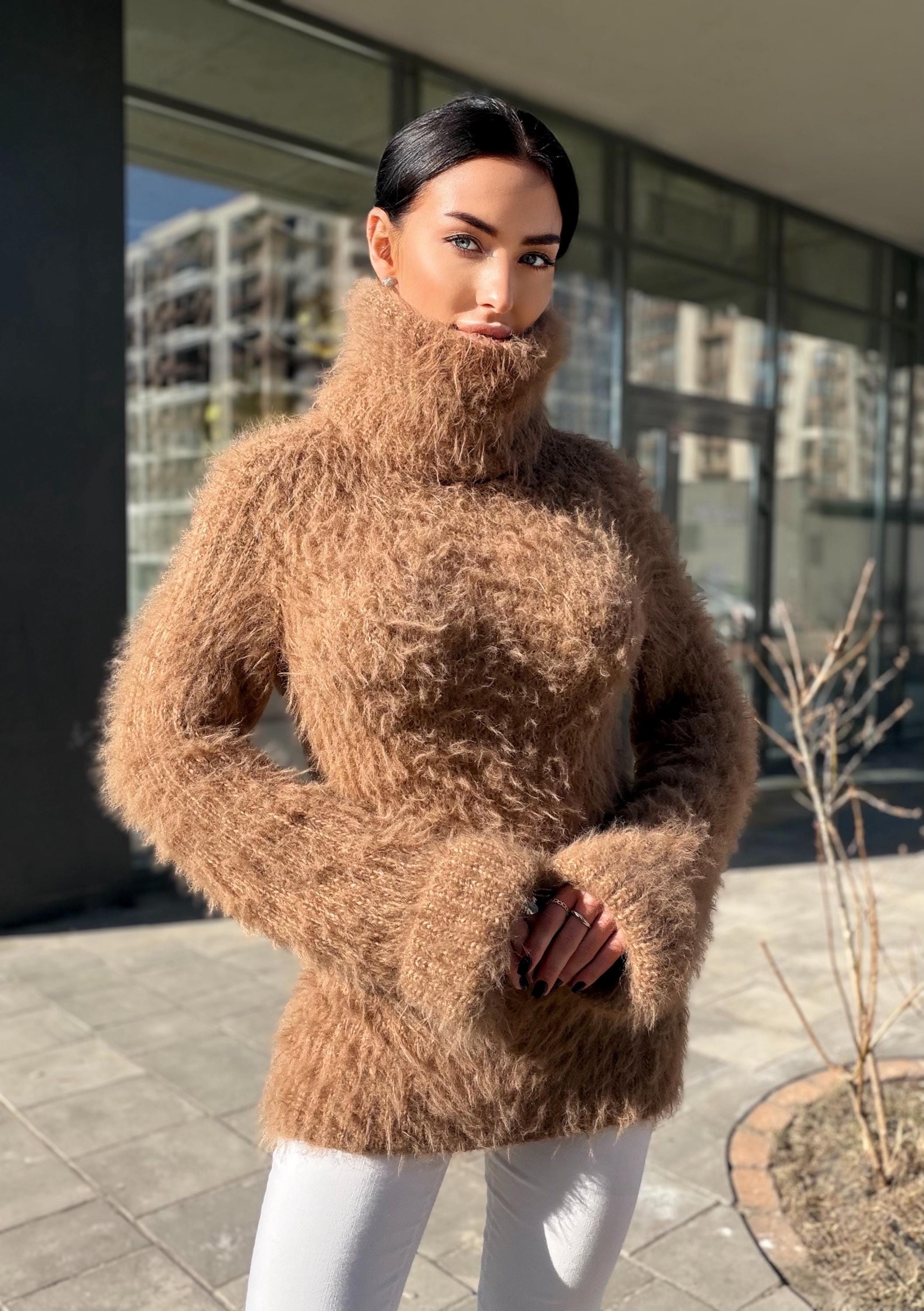 Large hand knit beige brown fluffy merino wool turtleneck sweater High collar long soft chunky knit sweater dress Chunky knit big pullove